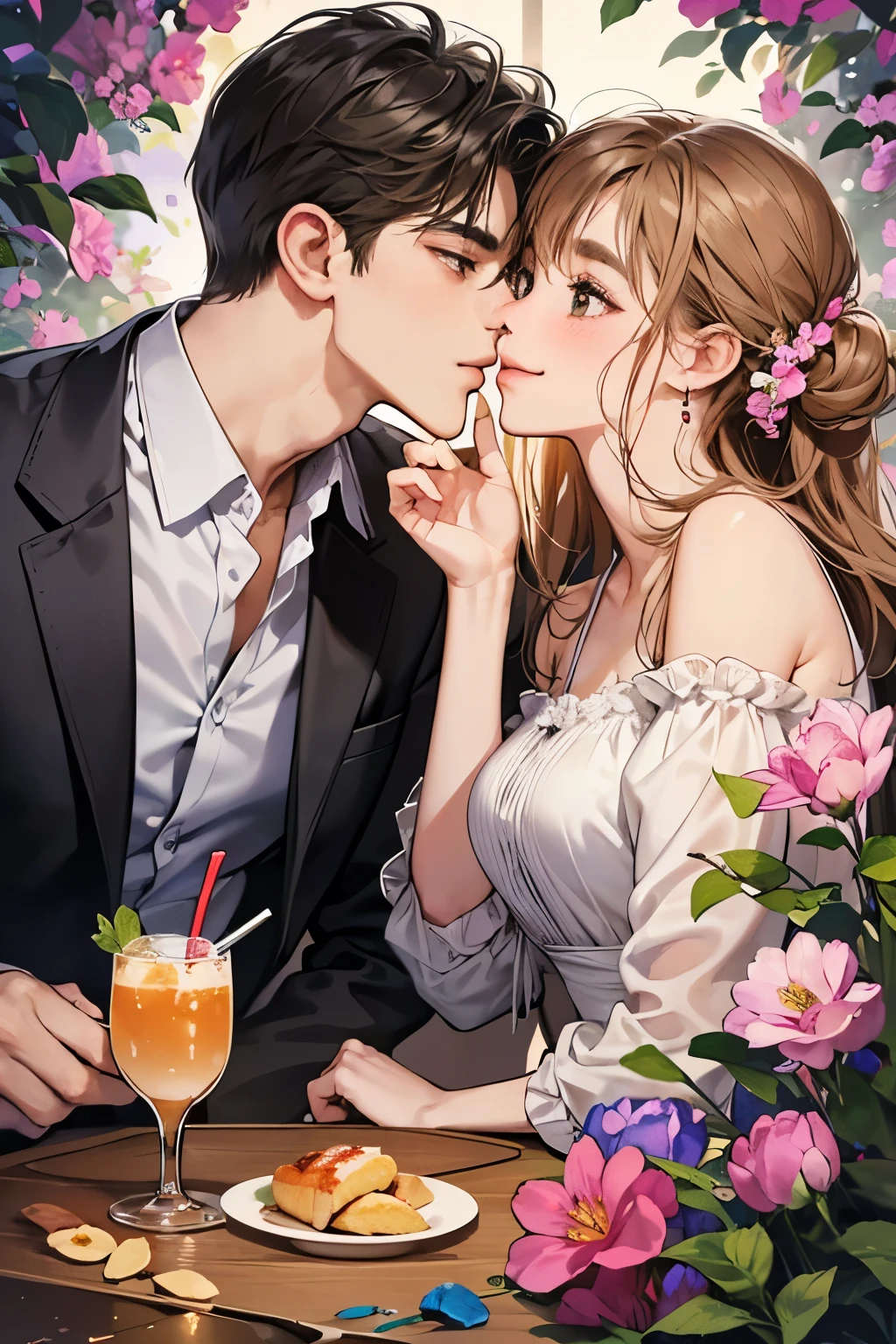 (table top, digital illustration, 4k, 8k, Super detailed, beautiful images, clear image, perfect face, perfect lines, perfect eyes, soft lighting) 1 female, (light brown hair,chignon hair,innocent look,droopy eyebrows,droopy eyes、With a round face,round chin、innocence,cute,Big eyes,natural makeup,smile gently,E cup,23 years old:1.3),Two handsome men in suits, (human,man in suit,muscular,solid shoulder width, boyish hairstyle,A man in his 30s with a cool expression,28 year old man with a bright smile:1.2),garden full of light、lots of flowers、Squirting、colorful flower light,(embarrassing,shy smile:1.2),resort sofa,kiss、カップルkiss、romance porn、couple of man and woman looking at each other、dinner、drink alcohol、drunk、blushing、embarrassed