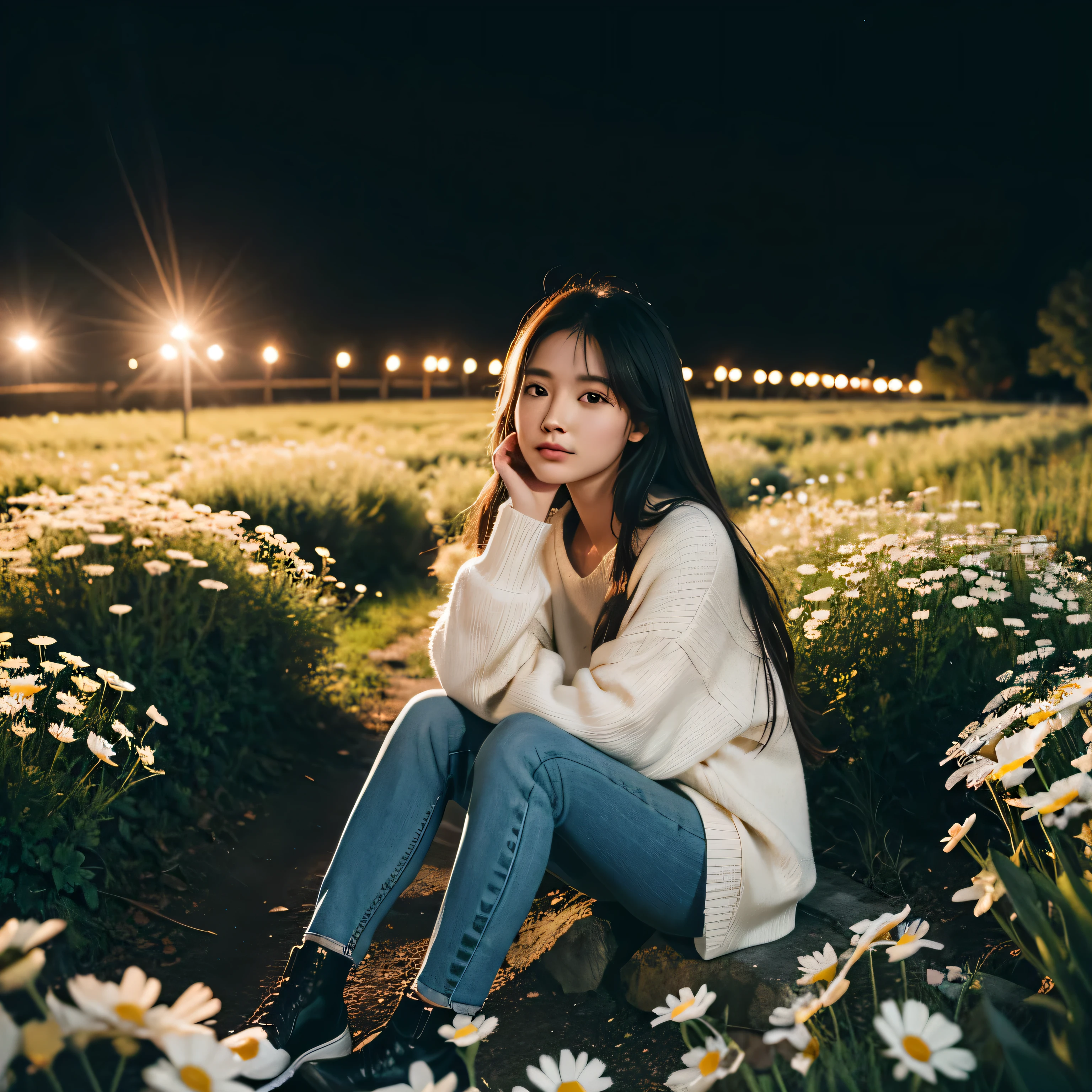 generate img
 TYPE : Beauty Photography
THEME : fairy lights
RACE : Indonesian, young
PERSON 1 : Early 20s, woman
SCENE : outdoor , darkness of night , sit in between tall daisies, thousands of fireflies perch and light up the surroundings, creating an beauty atmosphere , wind blowing effect.
PROPS: casual clothing , thousands of fireflies , wearing sweater and long trouser jeans, wind blow 
CAMERA : photographed using an Canon eos 90d DSLR camera with 18-135mm lens , skin texture , detailed face , close up , low exposure
ANGLE : High Dynamic Range (HDR) shot
