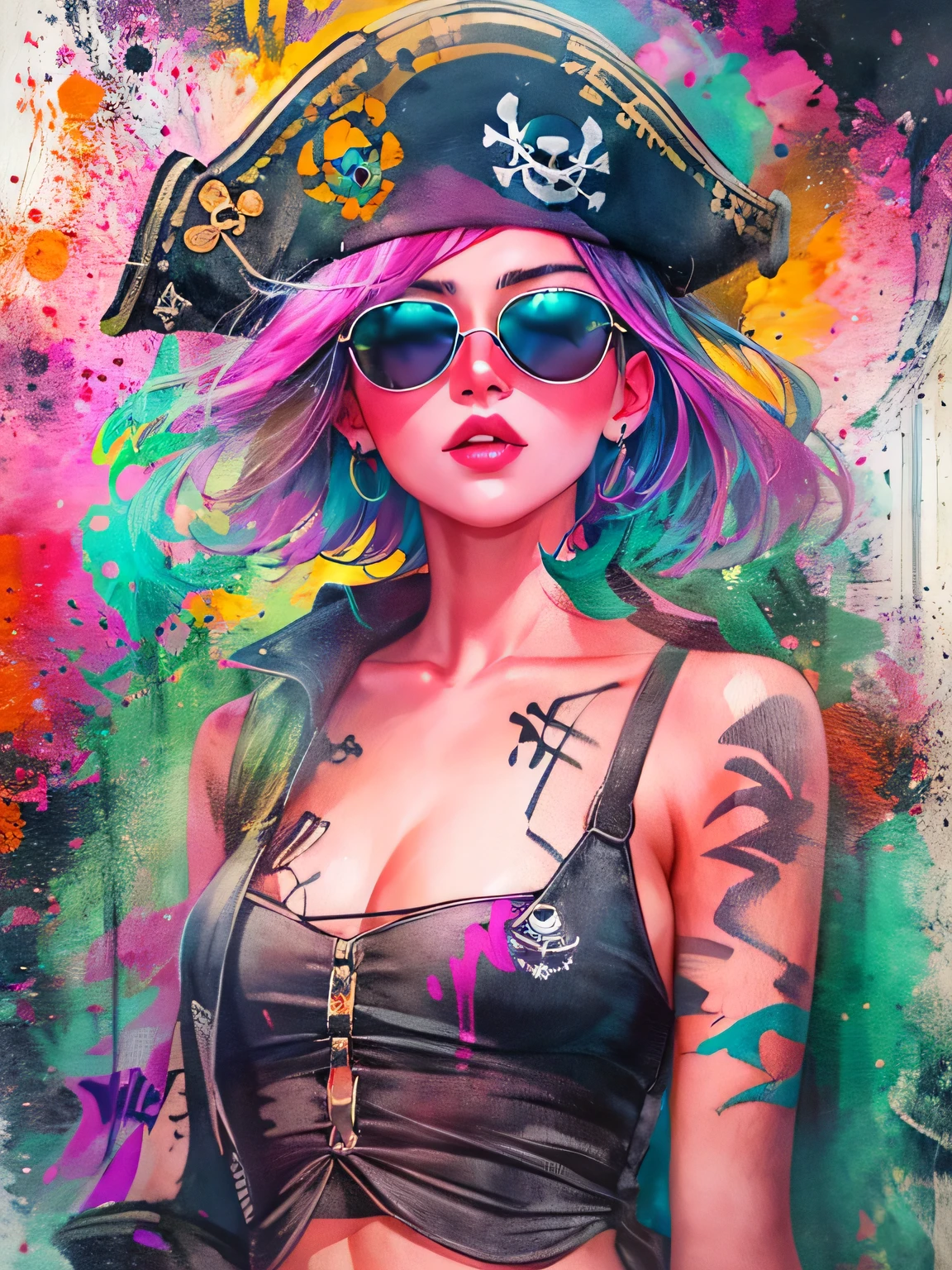 watercolor painting, 8K resolution、((highest quality))、((masterpiece))、((Super detailed))、1 female、alone、incredibly absurd、 (((The most beautiful pirate girl of all time))), (((Stylish sunglasses))), lips in love, pirate hat,neon、short cut hair、small breasts, (((graffiti art))), colorful hair, provocative