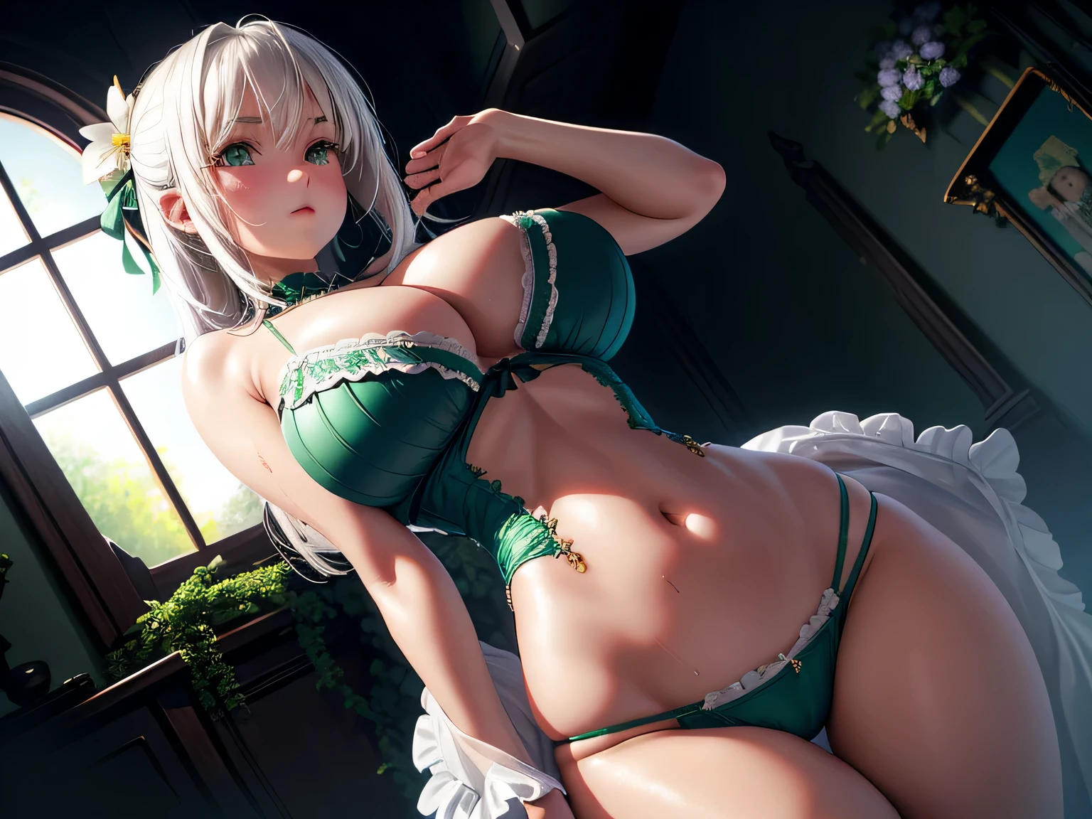 Realistic, 1girl, ((extremely cute young girl, huge breasts, wide hips, very slim waist, short stature)), white hair, green eyes, glowing eyes, cut top, (delicate, frilly lingerie), seductive, blush, flowers, sun, ambient lighting, succubus, sexy, glamorous, wet skin