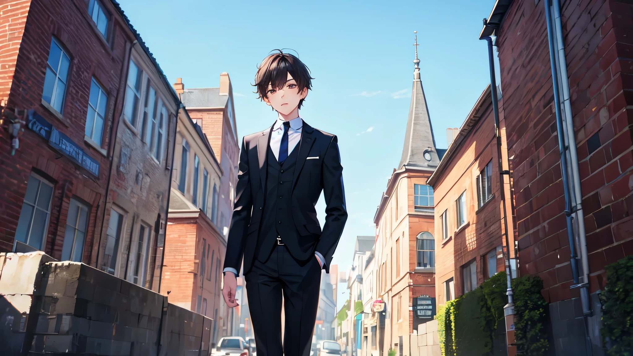 Boy in black suit puts down bricks