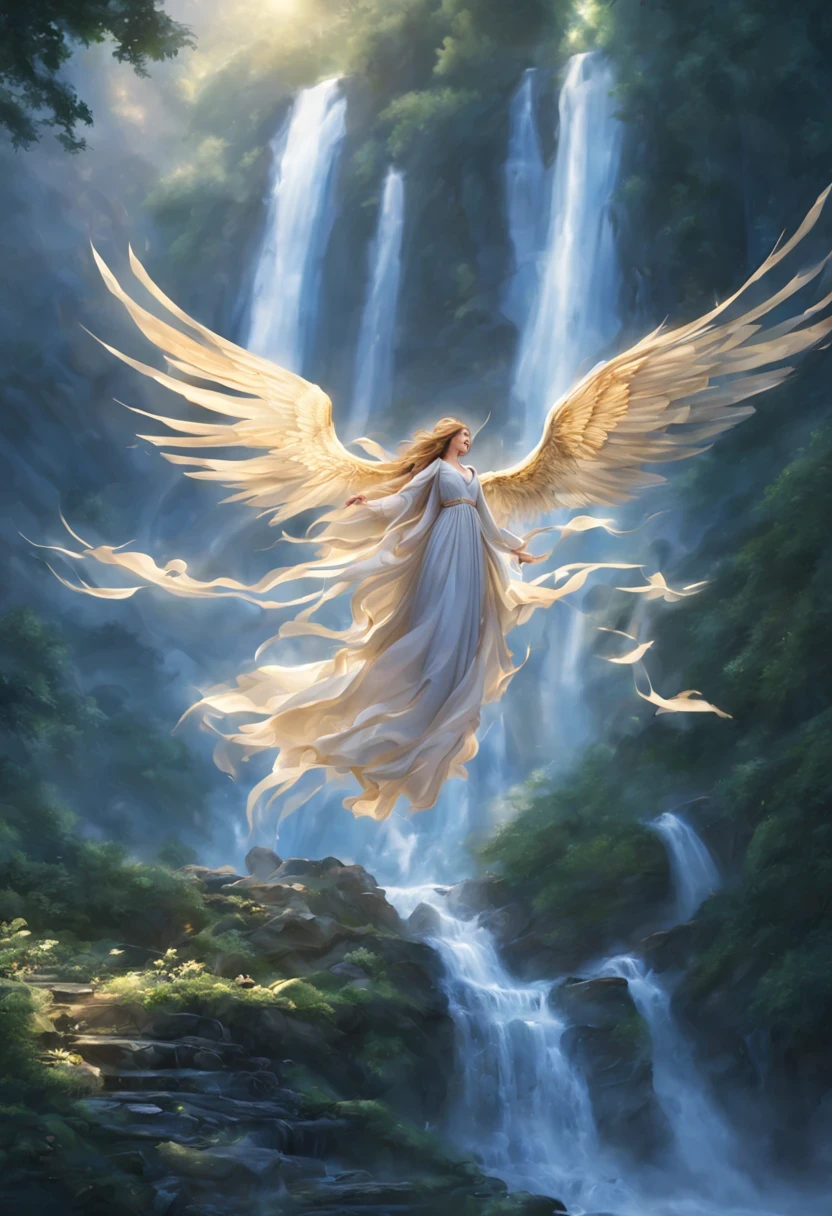 Huge waterfalls, angels with outstretched wings floating in the dense forest deep in the mountains, light falling in lines, miraculously beautiful and majestic,