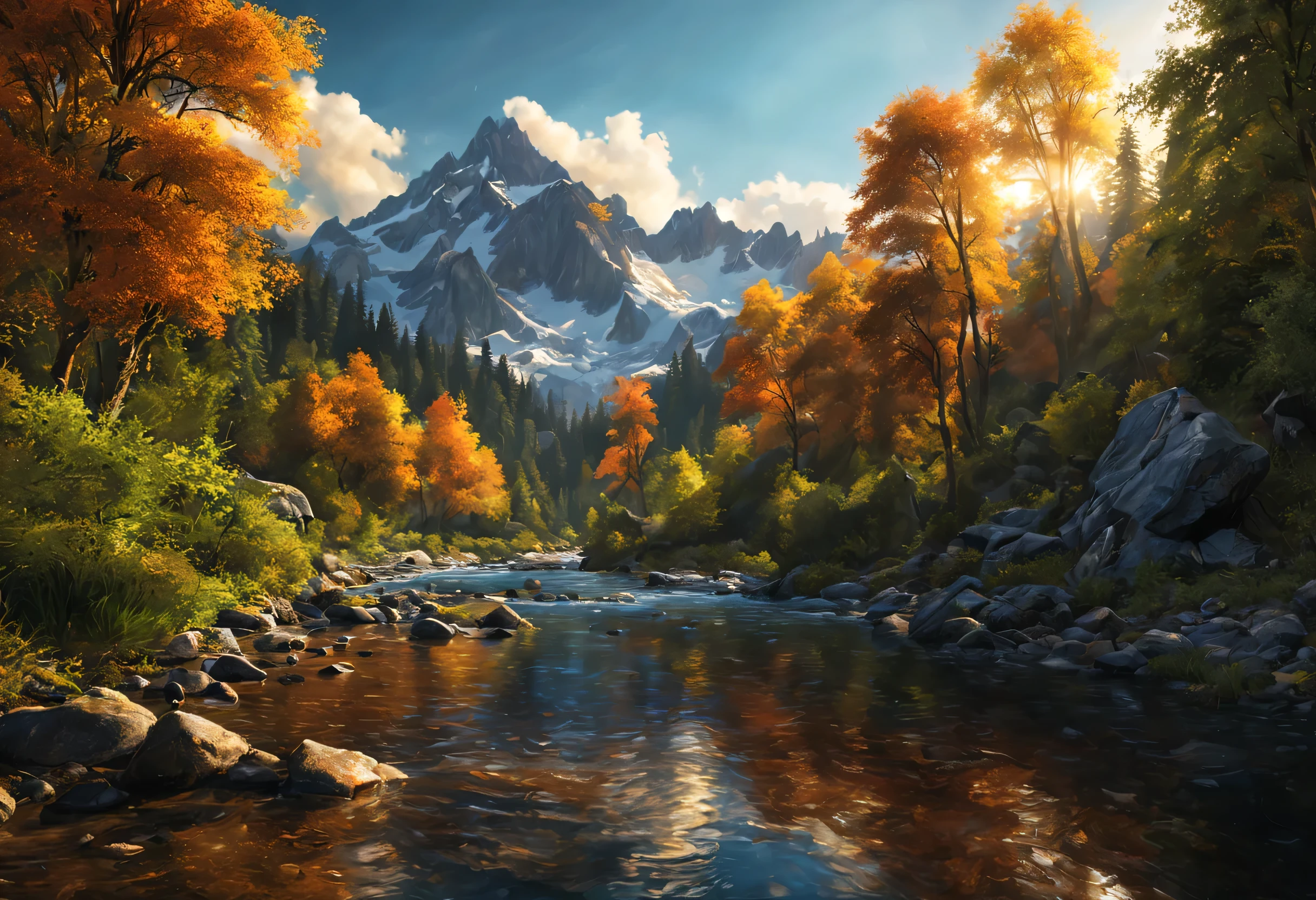 (best quality,8k,highres:1.2),(hyperrealism:1.1),vibrant colors,sharp focus,insanely detailed,(2k1:1.1) style landscape scene,ultra-detailed rendering,impressively lifelike,rich and dynamic colors,epic beauty,meticulous composition of elements,lush greenery,breathtaking mountain range,stunningly realistic textures,crystal-clear river flowing through the scene,sunlit sky casting warm golden light,impressive level of intricate details,perfectly captured reflections,flawlessly executed lighting and shadows,immersive sense of depth and dimensionality,extraordinary level of realism creating a mesmerizing visual experience.