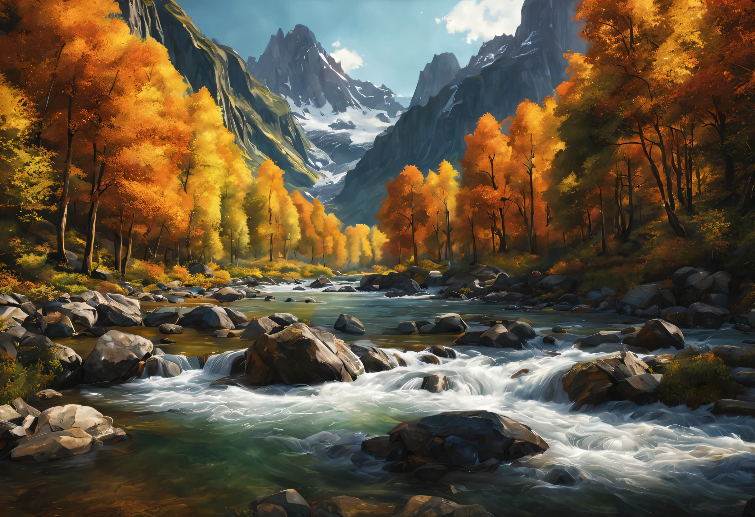 (best quality,8k,highres:1.2),(hyperrealism:1.1),vibrant colors,sharp focus,insanely detailed,(2k1:1.1) style landscape scene,ultra-detailed rendering,impressively lifelike,rich and dynamic colors,epic beauty,meticulous composition of elements,lush greenery,breathtaking mountain range,stunningly realistic textures,crystal-clear river flowing through the scene,sunlit sky casting warm golden light,impressive level of intricate details,perfectly captured reflections,flawlessly executed lighting and shadows,immersive sense of depth and dimensionality,extraordinary level of realism creating a mesmerizing visual experience.