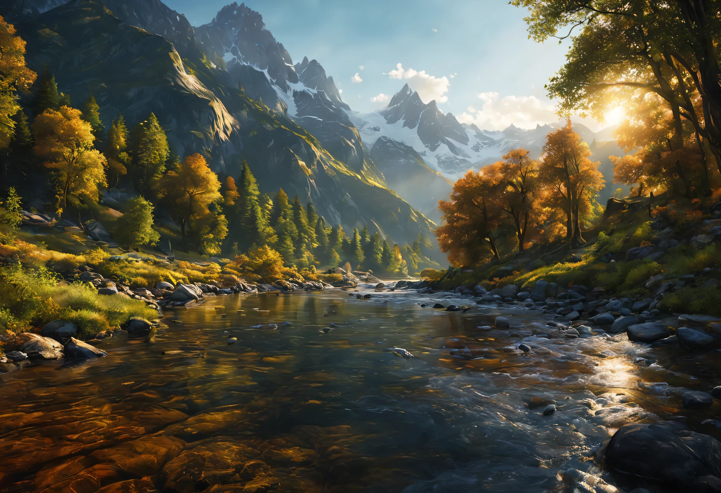 (best quality,8k,highres:1.2),(hyperrealism:1.1),vibrant colors,sharp focus,insanely detailed,(2k1:1.1) style landscape scene,ultra-detailed rendering,impressively lifelike,rich and dynamic colors,epic beauty,meticulous composition of elements,lush greenery,breathtaking mountain range,stunningly realistic textures,crystal-clear river flowing through the scene,sunlit sky casting warm golden light,impressive level of intricate details,perfectly captured reflections,flawlessly executed lighting and shadows,immersive sense of depth and dimensionality,extraordinary level of realism creating a mesmerizing visual experience.