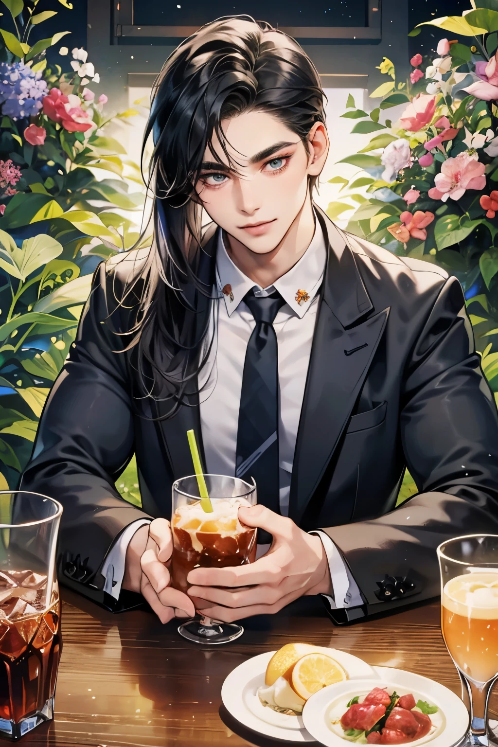 (table top, digital art, digital illustration, 4k, 8k, super detailed, beautiful images, clear image, realistic, RAW photo, perfect face, perfect lines, perfect eyes, soft lighting) ,1 female, (long black hair,straight hair,bullish look,beautiful woman,grace,Make up well,23 is a novel,:1.3),Two handsome men in suits, (human,muscular,solid shoulder width, mens,boyish hairstyle,british gentleman&#39;s style,A man in his 30s with a cool expression,28 year old man with a bright smile:1.2),Show your white teeth and smile(embarrassing,shy smile:1.1),garden full of light、squirt、resort sofa、colorful flowers、innocent smile,smile、couple kissing、kiss、the kiss、romance、dinner、drink alcohol、drunk、blushing、embarrassed