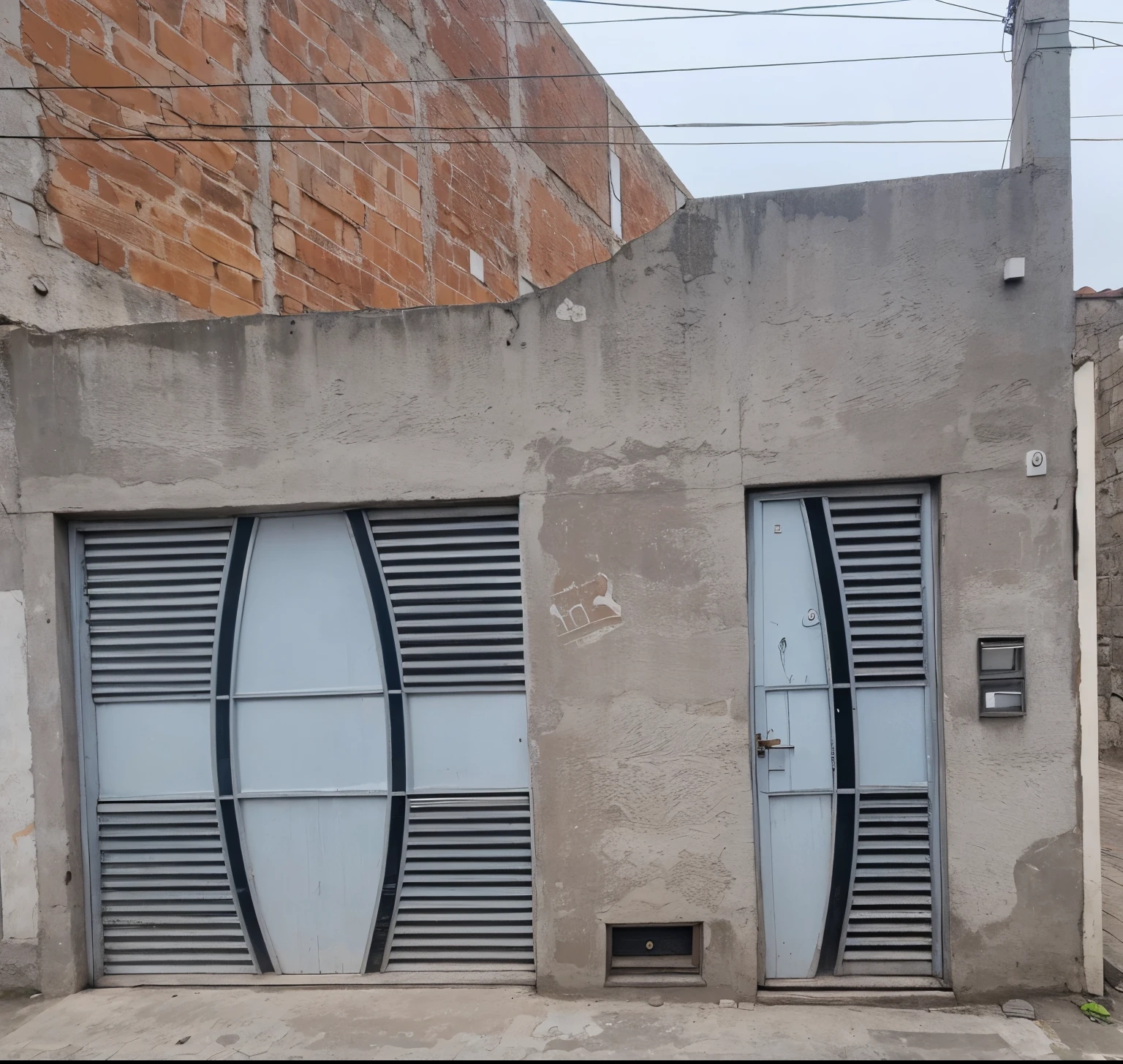 Facha uma fachada para essa casa da foto que contenha textura de madeira no meio, e o restante textura de concreto