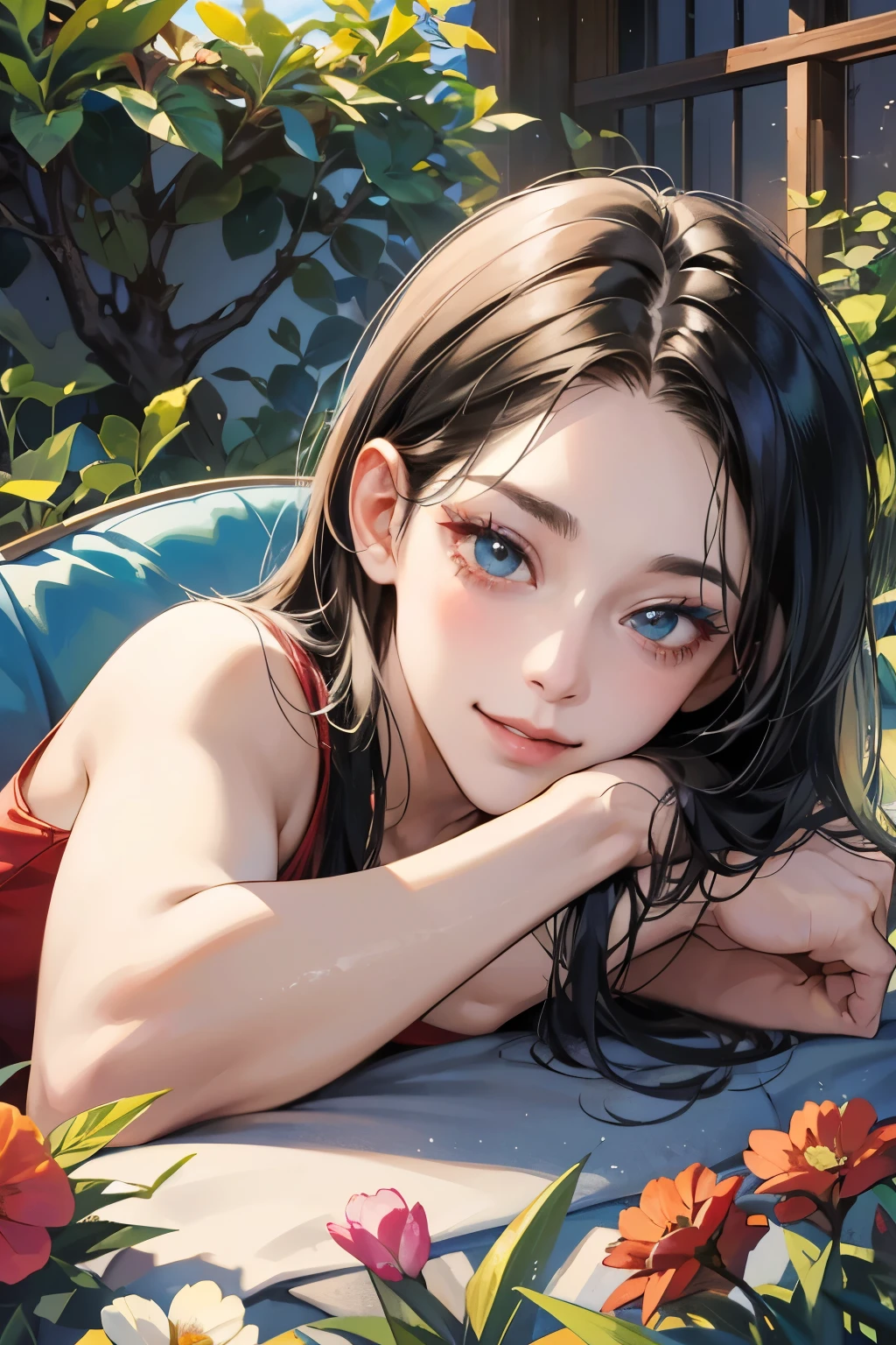 (table top, digital art, digital illustration, 4k, 8k, super detailed, beautiful images, clear image, realistic, RAW photo, perfect face, perfect lines, perfect eyes, soft lighting) ,1 female, (long black hair,straight hair,bullish look,beautiful woman,grace,Make up well,23 is a novel,:1.3),Two handsome men in suits, (human,muscular,solid shoulder width, mens,boyish hairstyle,british gentleman&#39;s style,A man in his 30s with a cool expression,28 year old man with a bright smile:1.2),Show your white teeth and smile(embarrassing,shy smile:1.1),garden full of light、squirt、resort sofa、colorful flowers、innocent smile,smile、couple kissing、kiss、the kiss、romance、dinner、drink alcohol、drunk、blushing、embarrassed