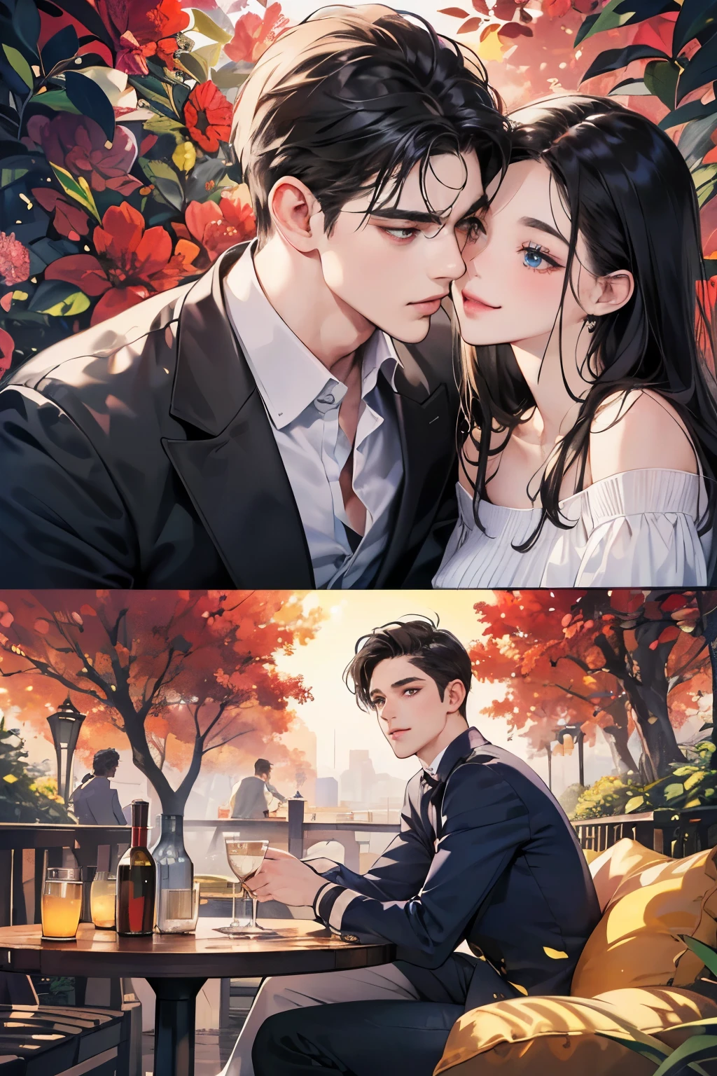 (table top, digital art, digital illustration, 4k, 8k, super detailed, beautiful images, clear image, realistic, RAW photo, perfect face, perfect lines, perfect eyes, soft lighting) ,1 female, (long black hair,straight hair,bullish look,beautiful woman,grace,Make up well,23 is a novel,:1.3),Two handsome men in suits, (human,muscular,solid shoulder width, mens,boyish hairstyle,british gentleman's style,A man in his 30s with a cool expression,28 year old man with a bright smile:1.2),Show your white teeth and smile(embarrassing,shy smile:1.1),garden full of light、squirt、resort sofa、colorful flowers、innocent smile,smile、couple kissing、kiss、the kiss、romance、dinner、drink alcohol、drunk、blushing、embarrassed