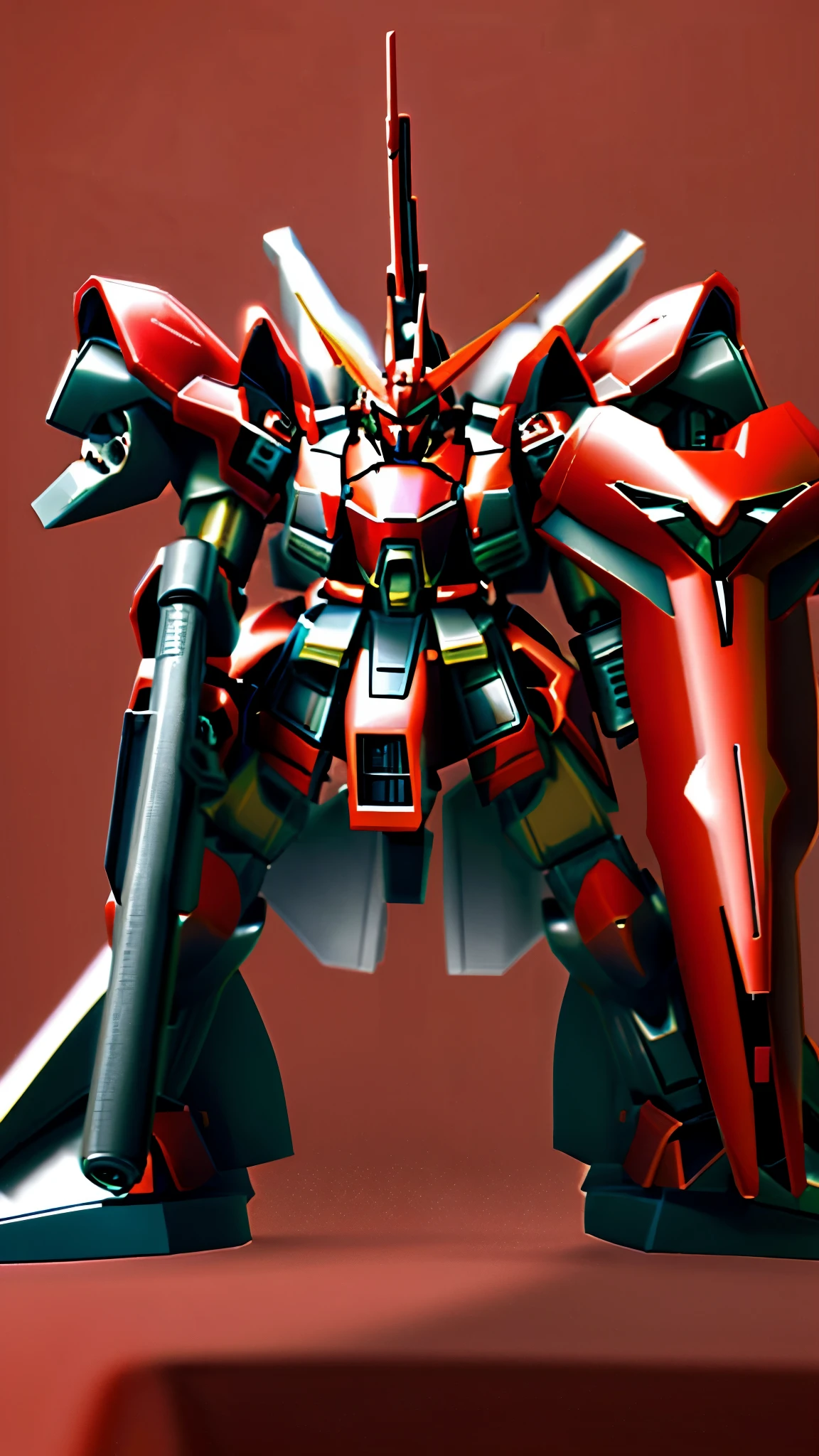 Close-up of a red and black robot with a gun, Sazabi is shaped like a windmill, mobile suit, Overall front view, red head, gunpla,