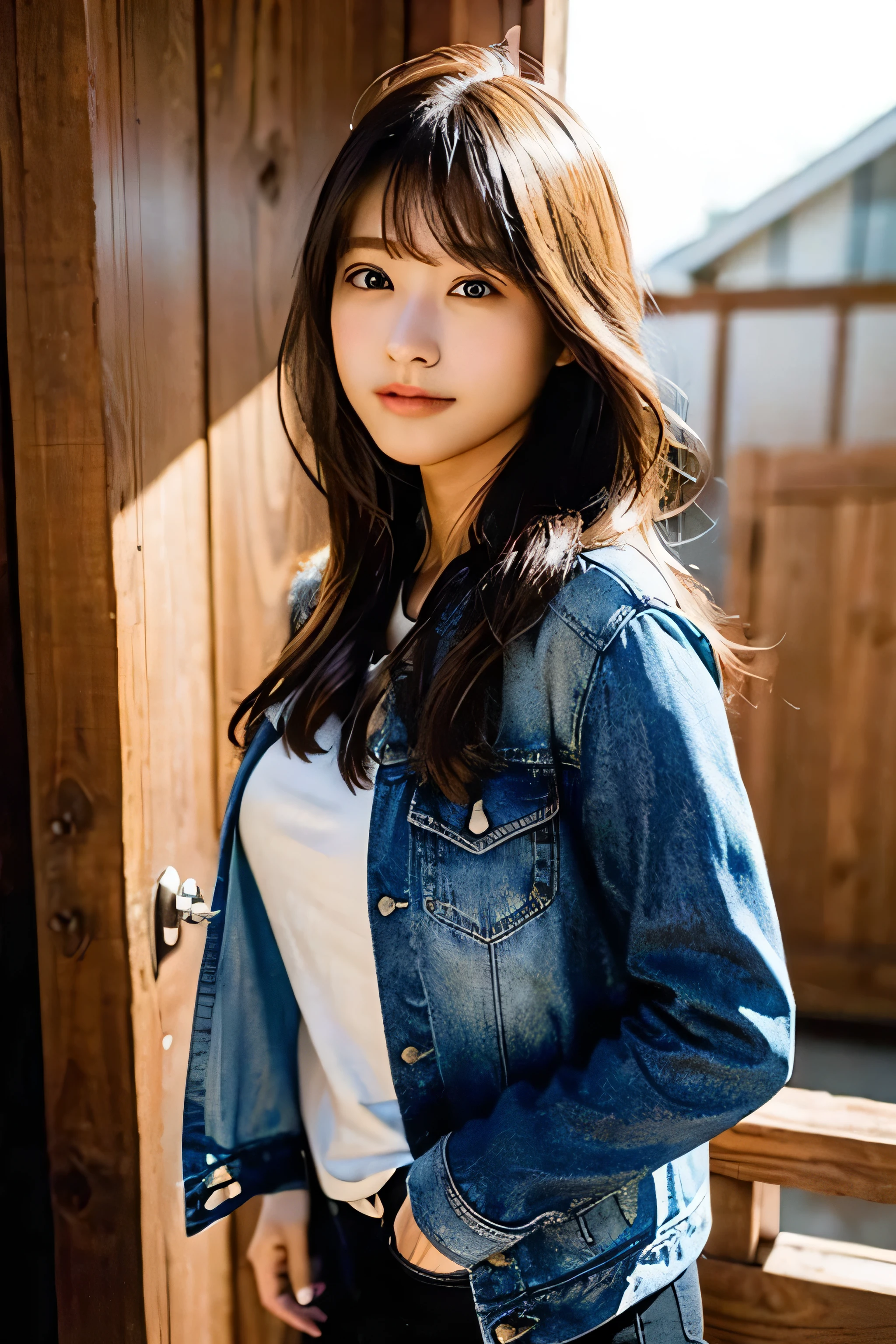 Adit Daulay (8k, RAW photo, best quality, masterpiece:1.2), ultra detailed, ultra high res, (realistic, photo realistic:1.37, realistic natural lighting), beautiful girl Japanese, wearing denims open jacket, breast exposure, slim