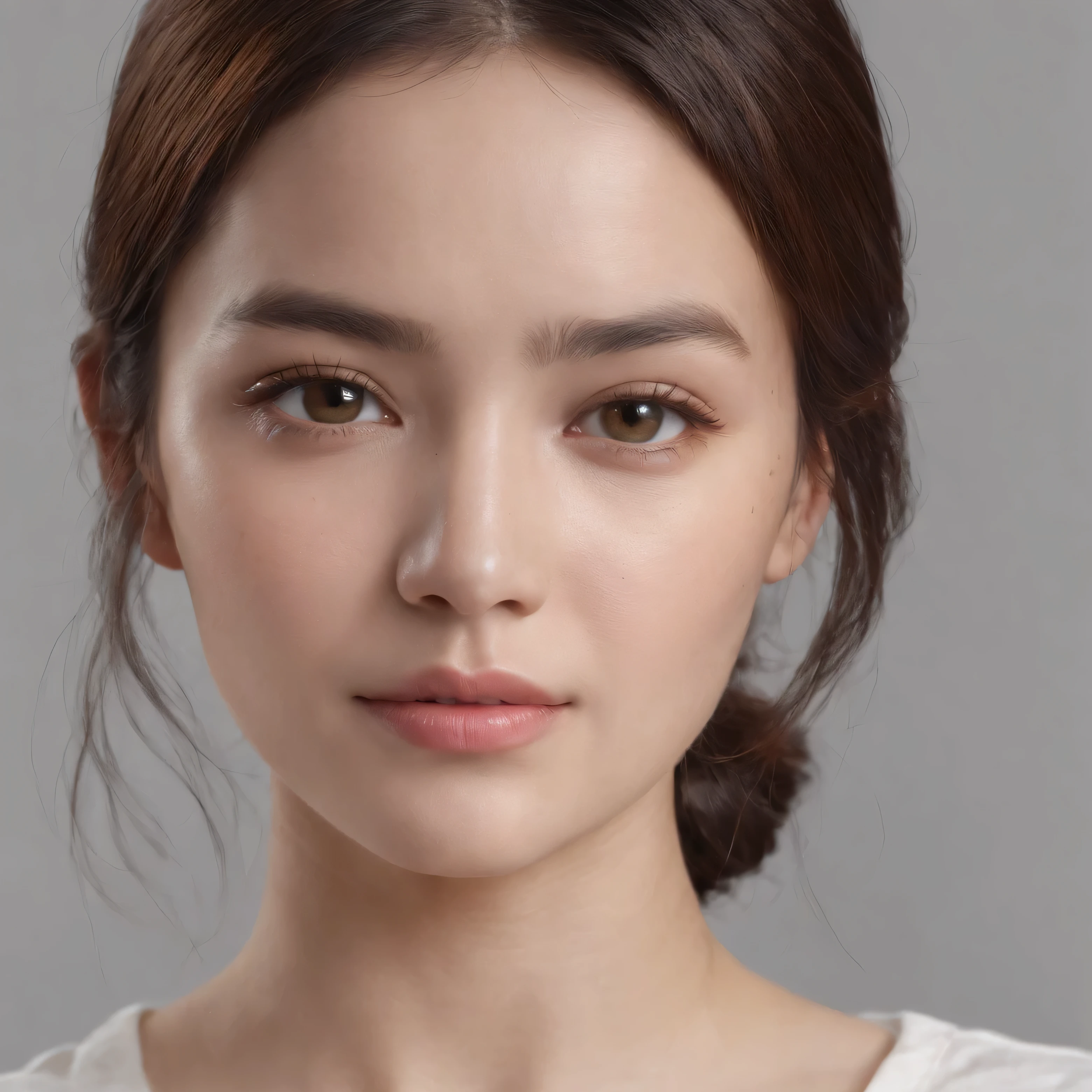 (photo: 1.3) of (realism: 1.3), (Hispanic), latin woman avatar, (frontal close up), soft light, 清晰of脸, warm light, White T-shirt, (gray white background), (blank background), ((gray wall background)) avatar, (long hair),有freckle , 美丽of, 年轻of,, short hair, (close up),freckle,No makeup,HD
