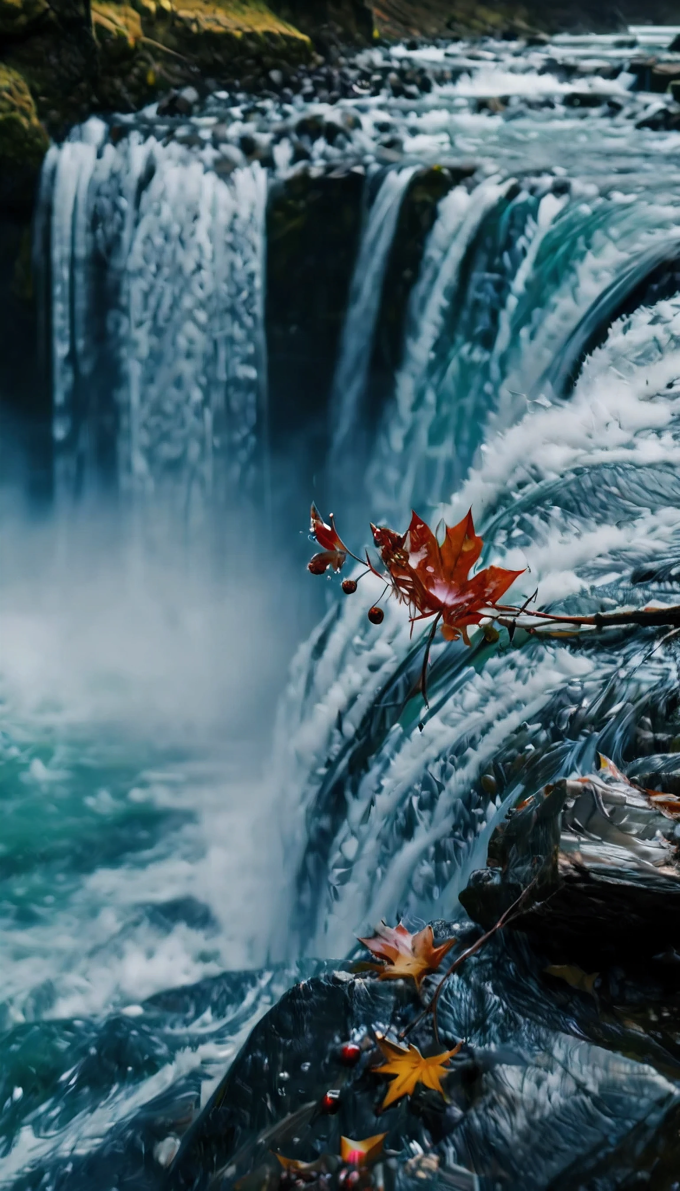 ((Masterpiece in maximum 16K resolution):1.6),((soft_color_photograpy:)1.5), ((Ultra-Detailed):1.4),((Movie-like still images and dynamic angles):1.3), ((Low angle shot):1.3) | (Macro shot cinematic photo of a water splash at base of waterfall), (macro lens), (crystal clear water), (water mist), (maple trees), (sakura flowers), (shimmer), (visual experience), (Realism), (Realistic), award-winning graphics, dark shot, film grain, extremely detailed, Digital Art, rtx, Unreal Engine, scene concept anti glare effect, All captured with sharp focus.