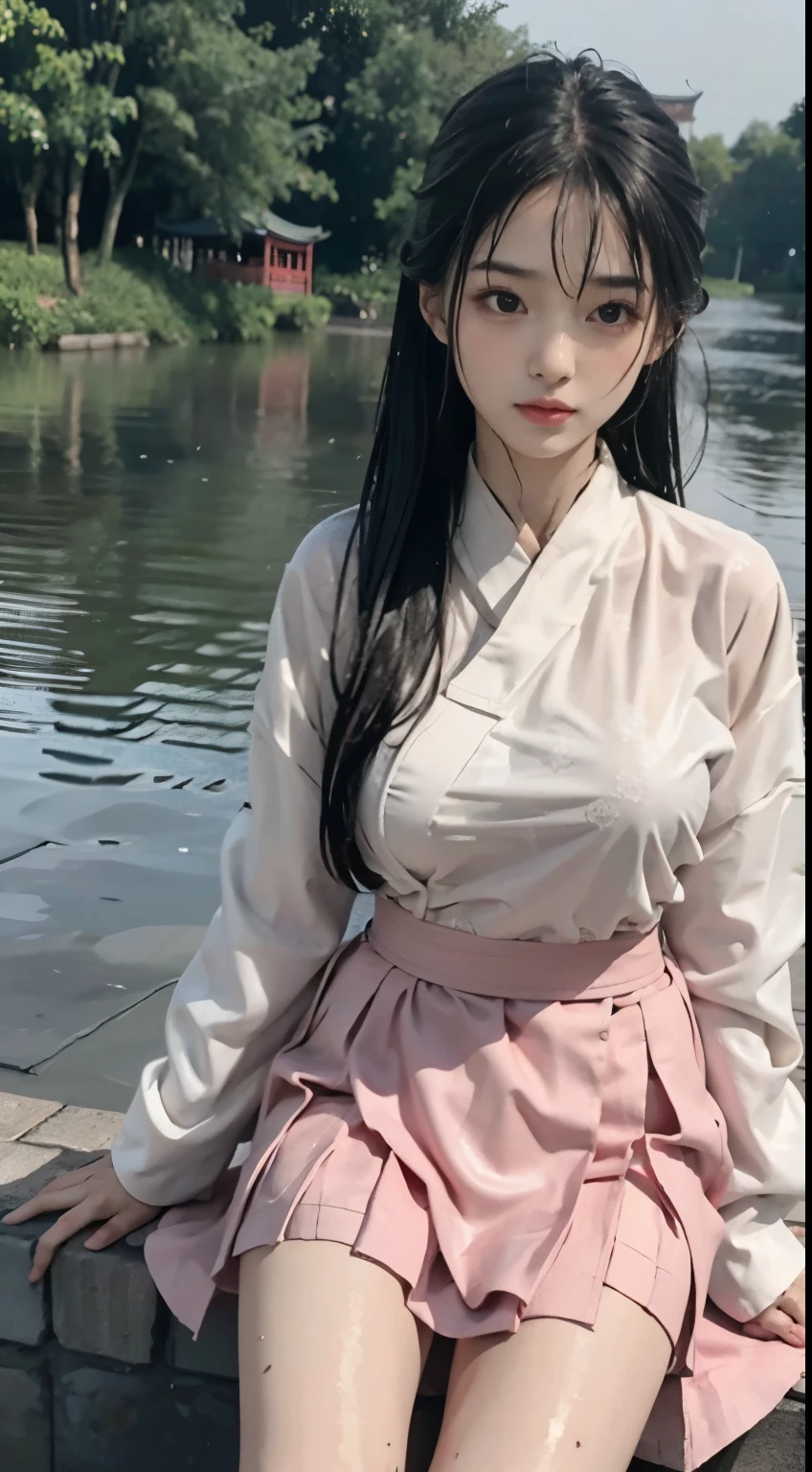 Master quality, highest quality, best picture quality, exaggerated details, a cute 8 year old asian with a shy expression, slightly squinted eyes, adjusting her hair, long eyelashes (long hair / very, very exaggerated big breasts _ tits / in hanfu chinese very wet body, thin cloth embossed pattern, short skirt), posing sit in front of the camera, wet throught rain, very wet body, thin cloth embossed pattern, pink