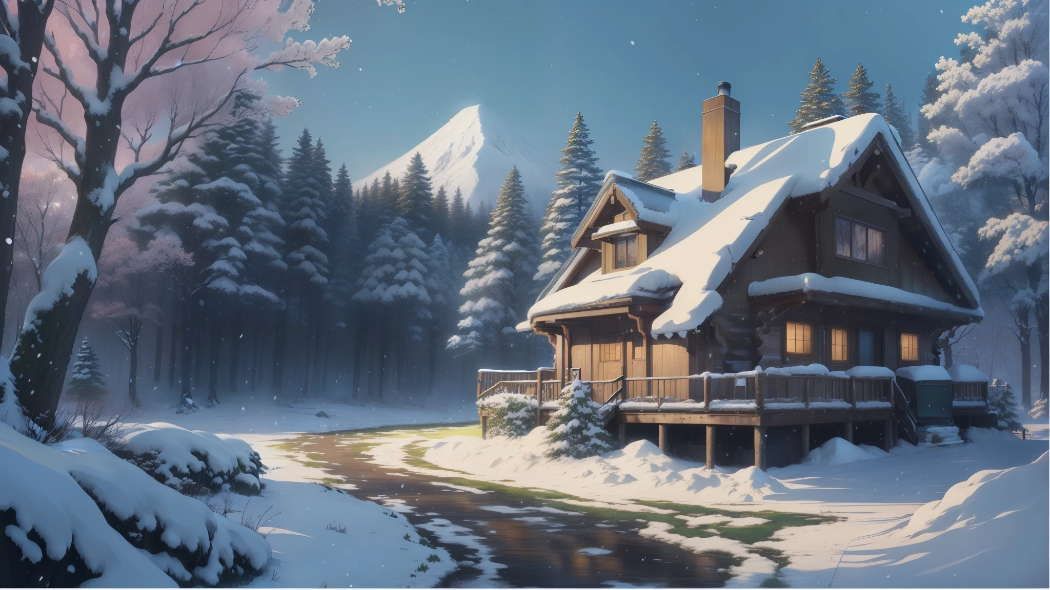 Picture of a cabin in the forest with snow-covered ground, anime countryside scenery, anime background art, beautiful detailed scene, Headquarters is very knowledgeable, beautiful anime scene, beautiful anime scenery, inspired by Kawase Hasui, highly detailed scene, highly detailed illustrations, anime scenery, house background, Makoto Shinkai's style, inspired by Hasui Kawase