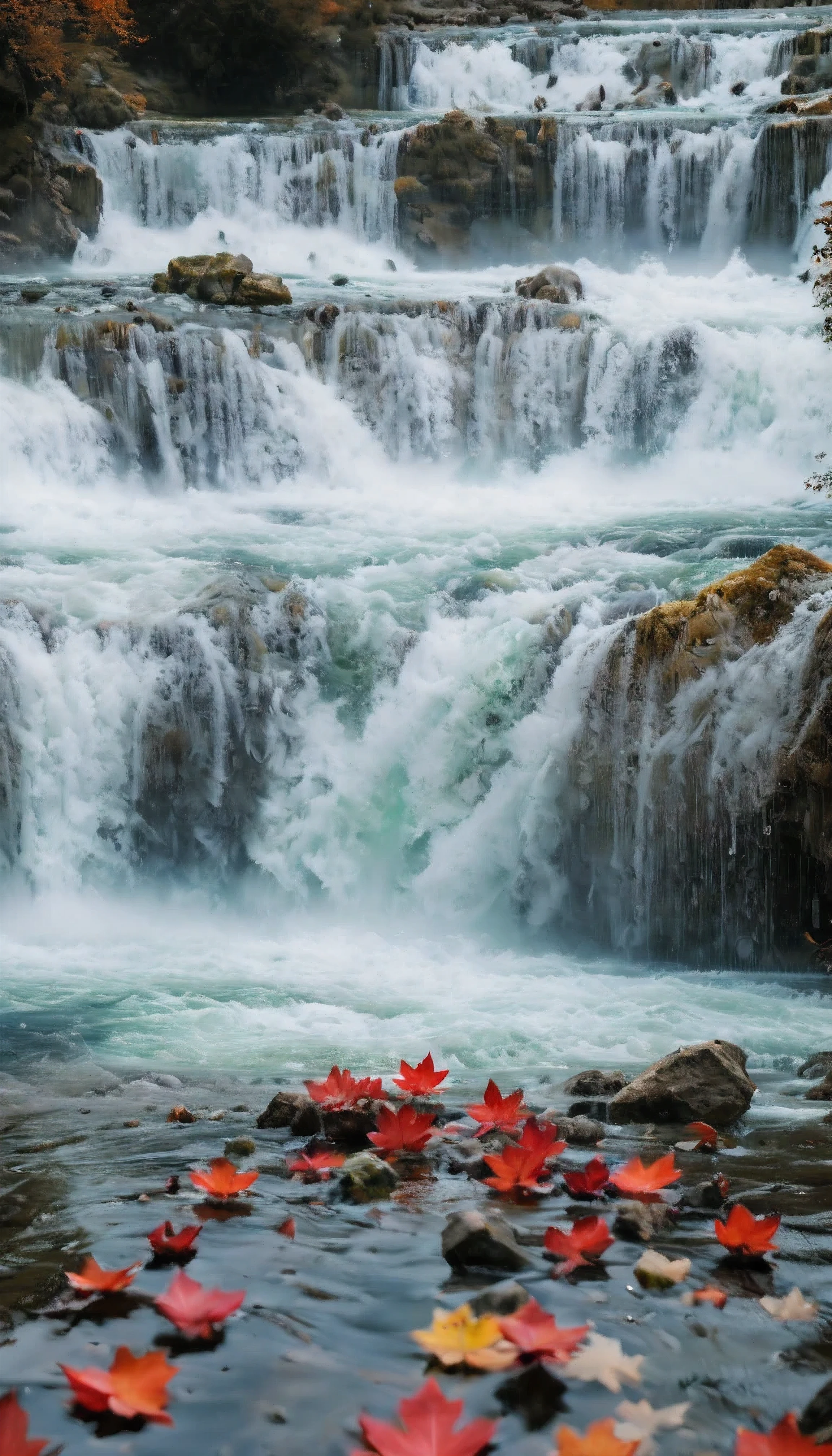 ((Masterpiece in maximum 16K resolution):1.6),((soft_color_photograpy:)1.5), ((Ultra-Detailed):1.4),((Movie-like still images and dynamic angles):1.3), ((Low angle shot):1.3) | (Macro shot cinematic photo of a water splash at base of waterfall), (macro lens), (crystal clear water), (water mist), (maple trees), (sakura flowers), (shimmer), (visual experience), (Realism), (Realistic), award-winning graphics, dark shot, film grain, extremely detailed, Digital Art, rtx, Unreal Engine, scene concept anti glare effect, All captured with sharp focus.