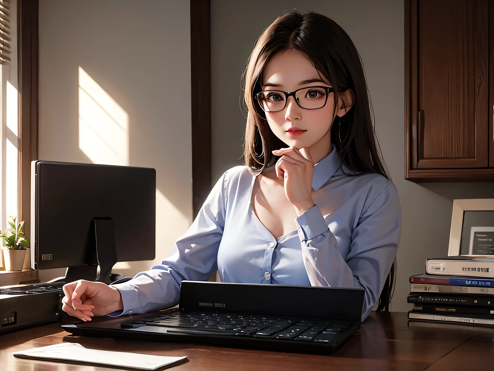 A woman wearing glasses is working on a computer