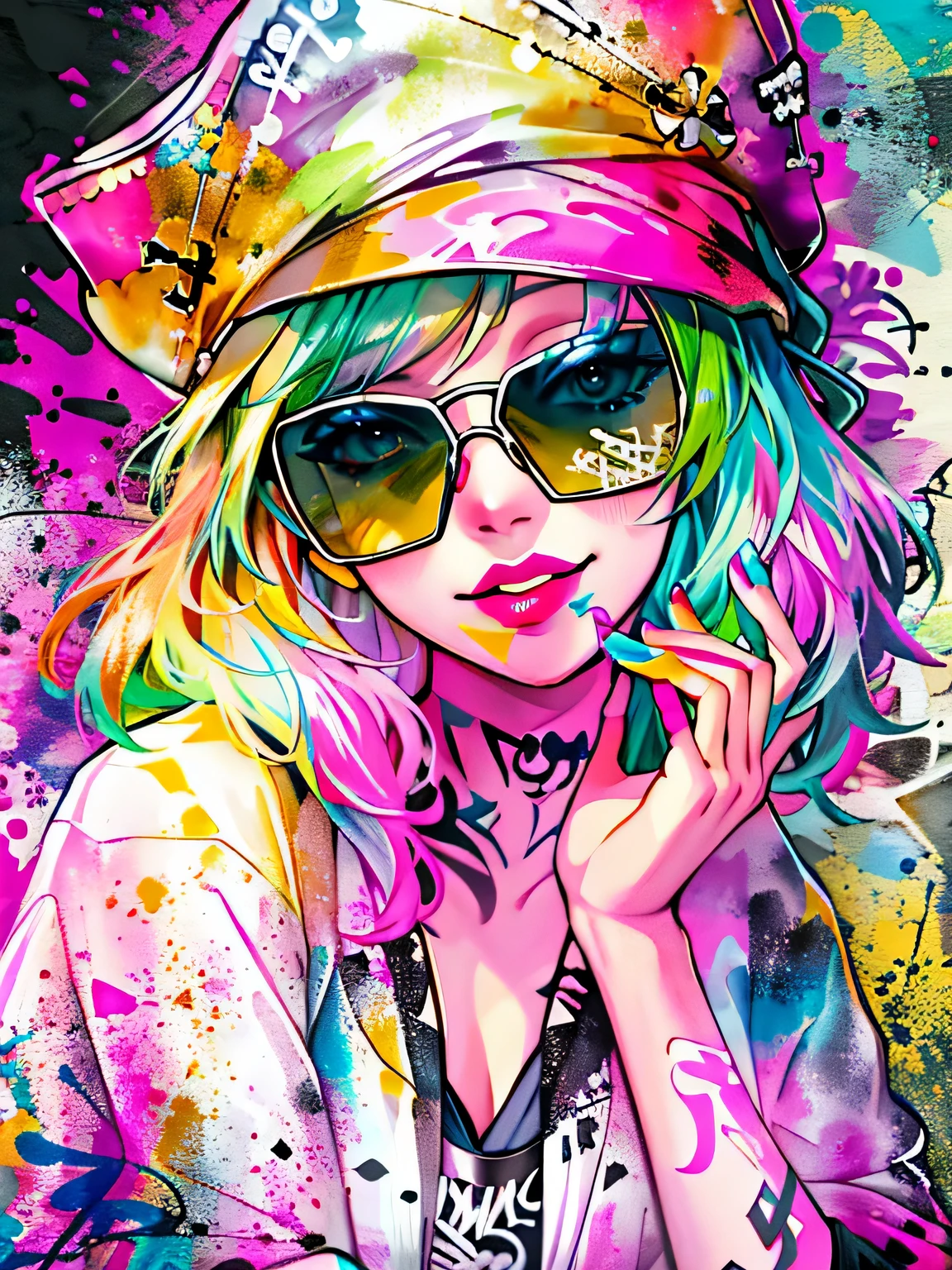 watercolor painting, 8K resolution、((highest quality))、((masterpiece))、((Super detailed))、1 female、alone、incredibly absurd、 (((The most beautiful pirate girl of all time))), (((Stylish sunglasses))), lips in love, white skin, pirate hat,neon、short cut hair、small breasts, (((graffiti art))), colorful hair, provocative