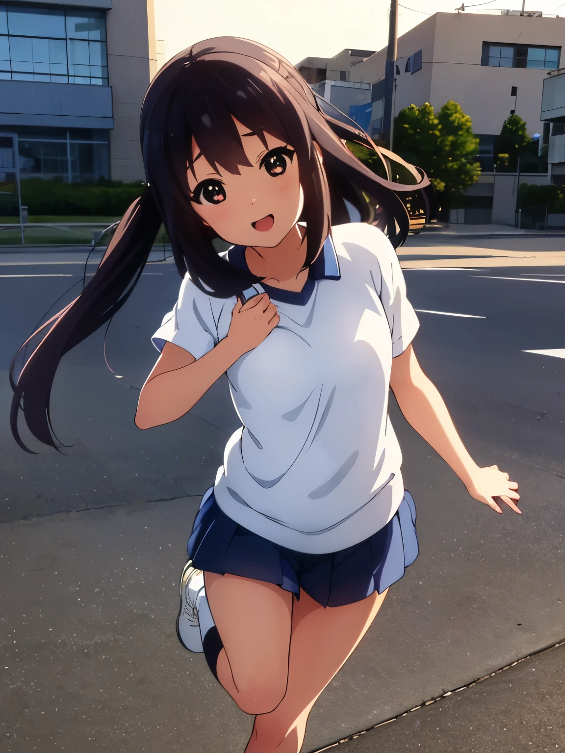 (best quality, masterpiece:1.2), 1girl, (((masterpiece))), (((full body))), (((running))), top-quality, top-quality, High Details, nakano azusa, 1girl, Sakuragaoka High School Uniform, sport clothes,short-sleeved sports shirt, shorts, Twin-tailed, length hair, A dark-haired, brown-eyed, solo, reddish, illustratio, comic strip, soothing tones, Subdued Color, Soft cinematic light, adobe lightroom, photolab, HDR, intricately and hyper-detailed、(((depth of fieldasterpiece)))。(((top-quality))).)((ultra-detailliert)))。(((illustratio)))。(((takeout))).dynamic focus.big breasts.(((city park))).(((A city))).(((Face of happy smile))). Close eye, open mouth.(((put hands on the chest))).(((up chest))).((morning glow)).((the setting sun)), solo, anime, anime screencap, ray tracing, ultra resolution image, vivid color,  cinematic light,  lens flare,  light on face, glow eyes,  depth of field, happy, detailed background, cute,  straight-on, dive dress, navel,