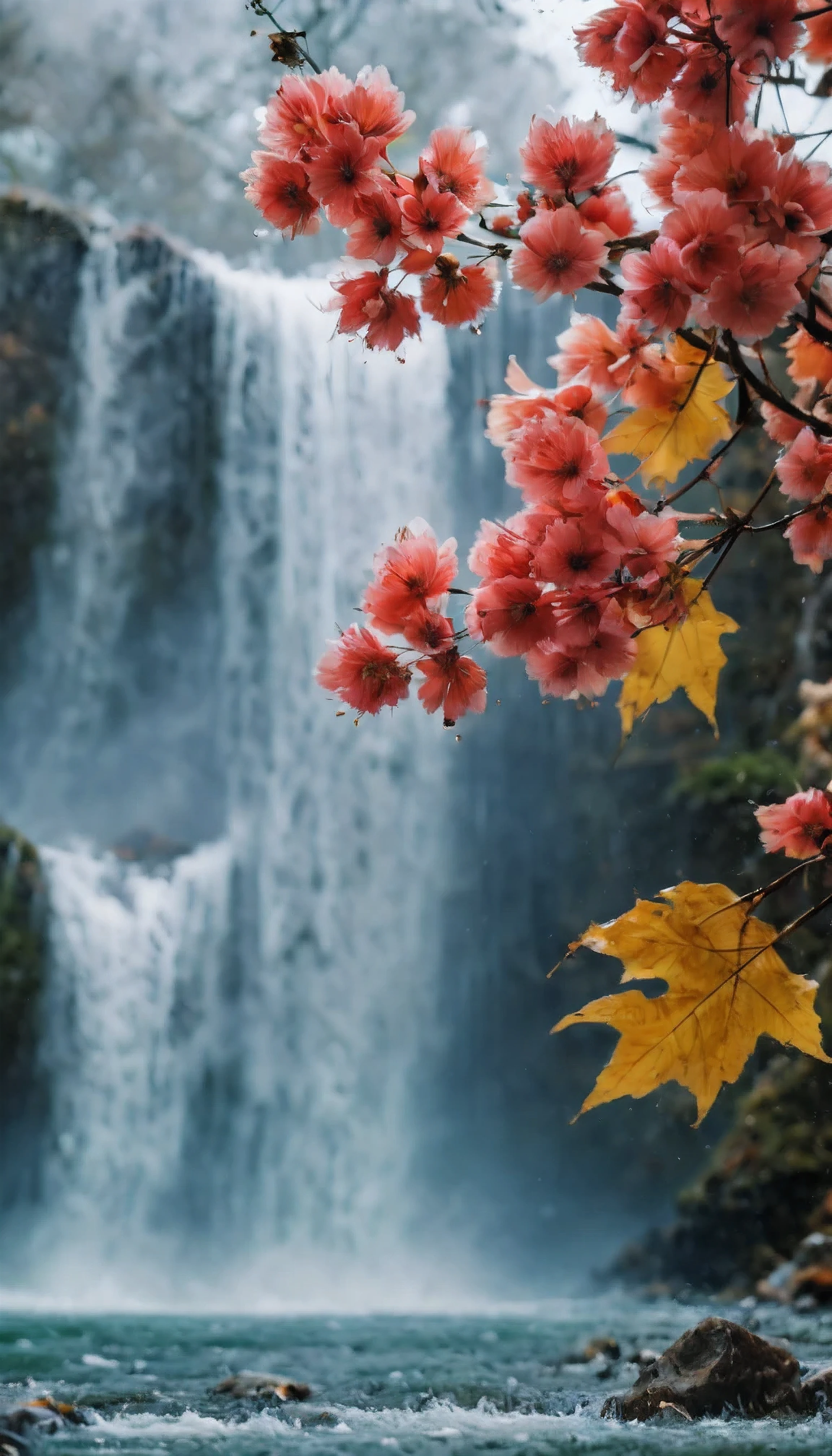 ((Masterpiece in maximum 16K resolution):1.6),((soft_color_photograpy:)1.5), ((Ultra-Detailed):1.4),((Movie-like still images and dynamic angles):1.3), ((Low angle shot):1.3) | (Macro shot cinematic photo of a water splash at base of waterfall), (macro lens), (crystal clear water), (water mist), (maple trees), (sakura flowers), (shimmer), (visual experience), (Realism), (Realistic), award-winning graphics, dark shot, film grain, extremely detailed, Digital Art, rtx, Unreal Engine, scene concept anti glare effect, All captured with sharp focus.