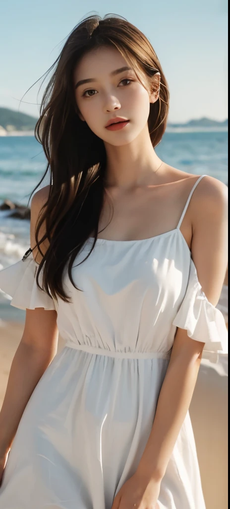((Realistic lighting, Best Quality, 8K, Masterpiece: 1.3)), Clear focus: 1.2, 1girl, Perfect Beauty: 1.4, Slim Abs: 1.1, ((Dark brown hair)), (White dress: 1.4), (Outdoor, sunset: 1.1), Seaside, Super fine face, Fine eyes, Double eyelids,