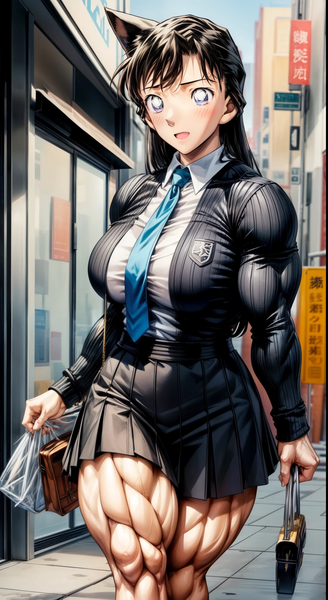 , (muscular female,1.2), ,girl,, muscular female, alternate muscle size,,muscular ,biceps,muscular,pecs,muscular, thick thighs, ,mouri ran, school uniform,,open mouth