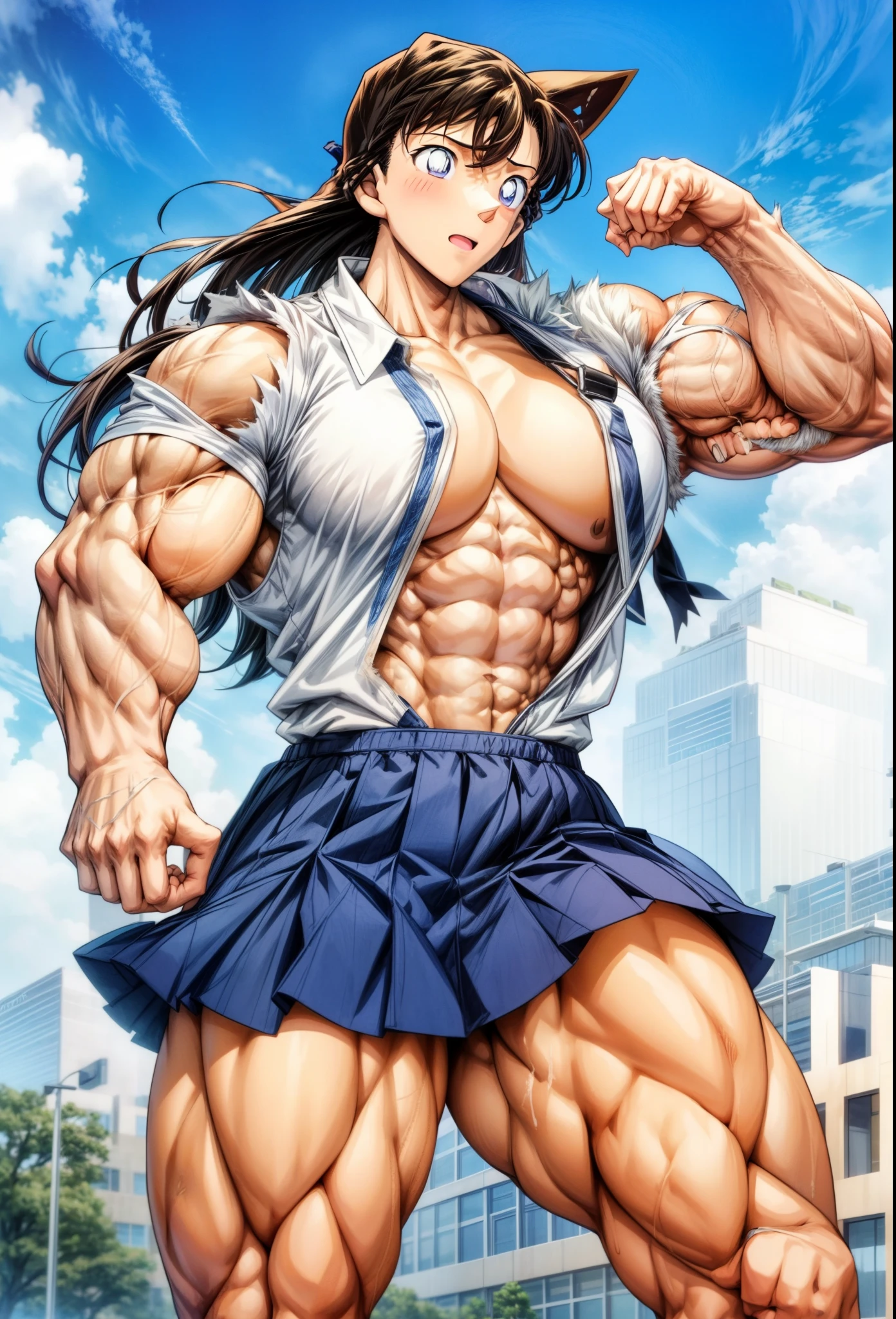 , (muscular female,1.2), ,girl,, muscular female, alternate muscle size,,muscular ,biceps,muscular,pecs,muscular, thick thighs, abs, room,mouri ran,unbuttoned school uniform,torn skirt,torn sleeves,open mouth