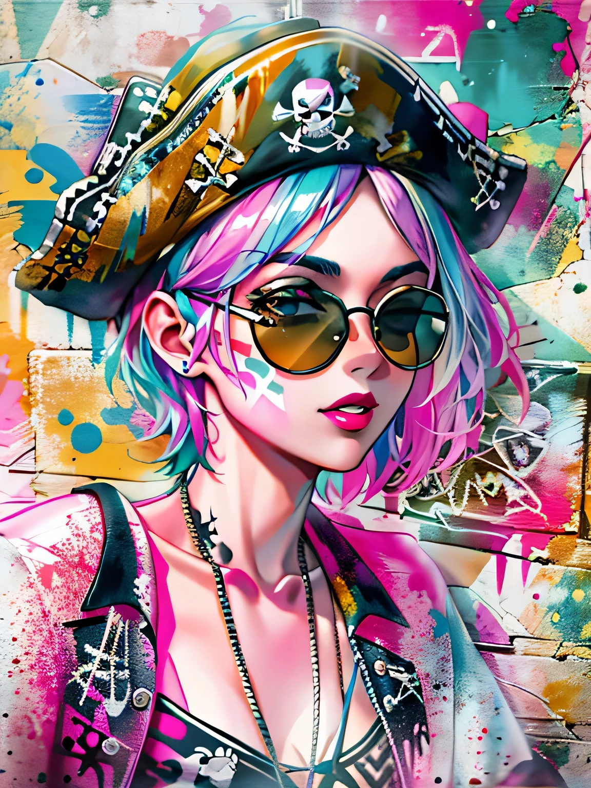 watercolor painting, 8K resolution、((highest quality))、((masterpiece))、((Super detailed))、1 female、alone、incredibly absurd、 (((The most beautiful pirate girl of all time))), (((Stylish sunglasses))), lips in love, white skin, pirate hat, skull fashion, neon、short cut hair、small breasts, (((graffiti art))), colorful hair, provocative