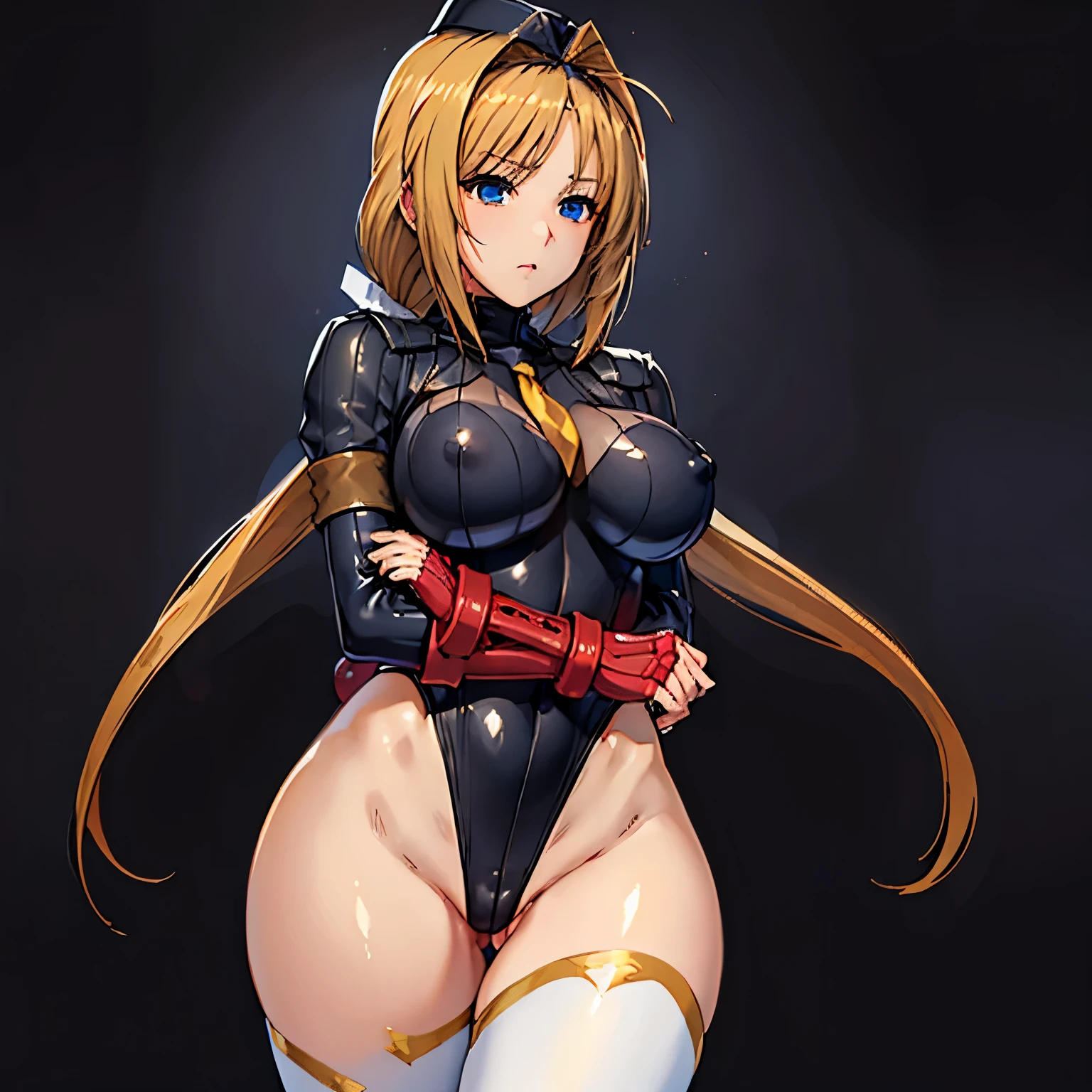 ultra-detailed, Explicit, Beautiful body, Beautiful Nose, Beautiful character design, perfect eyes, perfect face, ultra highres, 4K, beautiful legs, perfect legs, Nice hands, Perfect hand, Masterpiece, Best Quality, Highly detailed, illustration, absurdres, perfect anatomy, street fighter, doll suit, shadaloo doll, dollsuit, expressionless, blank eyes, looking at viewer, red gloves, emotionless, black latex, corrution, mind control, female combatant, full body, hypnotized, unhappy trance, full body suit, ribbed bodysuit, both arms at side, obey, perfect female body, extremely glossy latex, hypnosis, hypnoLora, empty eyes, Mind control device, poses, submissive_pose, Slave, standing straight, standing, standing at attention, hat, necktie, belt, latex, ribbed bodysuit, thighhighs, garter belt, Fighting Stance, extending the right arm from the shoulder into the air with a straightened hand, military, thigh boots, black pantyhose, (((pixel-perfect, detail-perfect))), solo, 1girl, hair ornaments, long hair, blonde hair, hair ribbon, blue eyes, Takamori Haruka, Beat Blades Haruka, choukou_sennin_haruka, huge breast, 