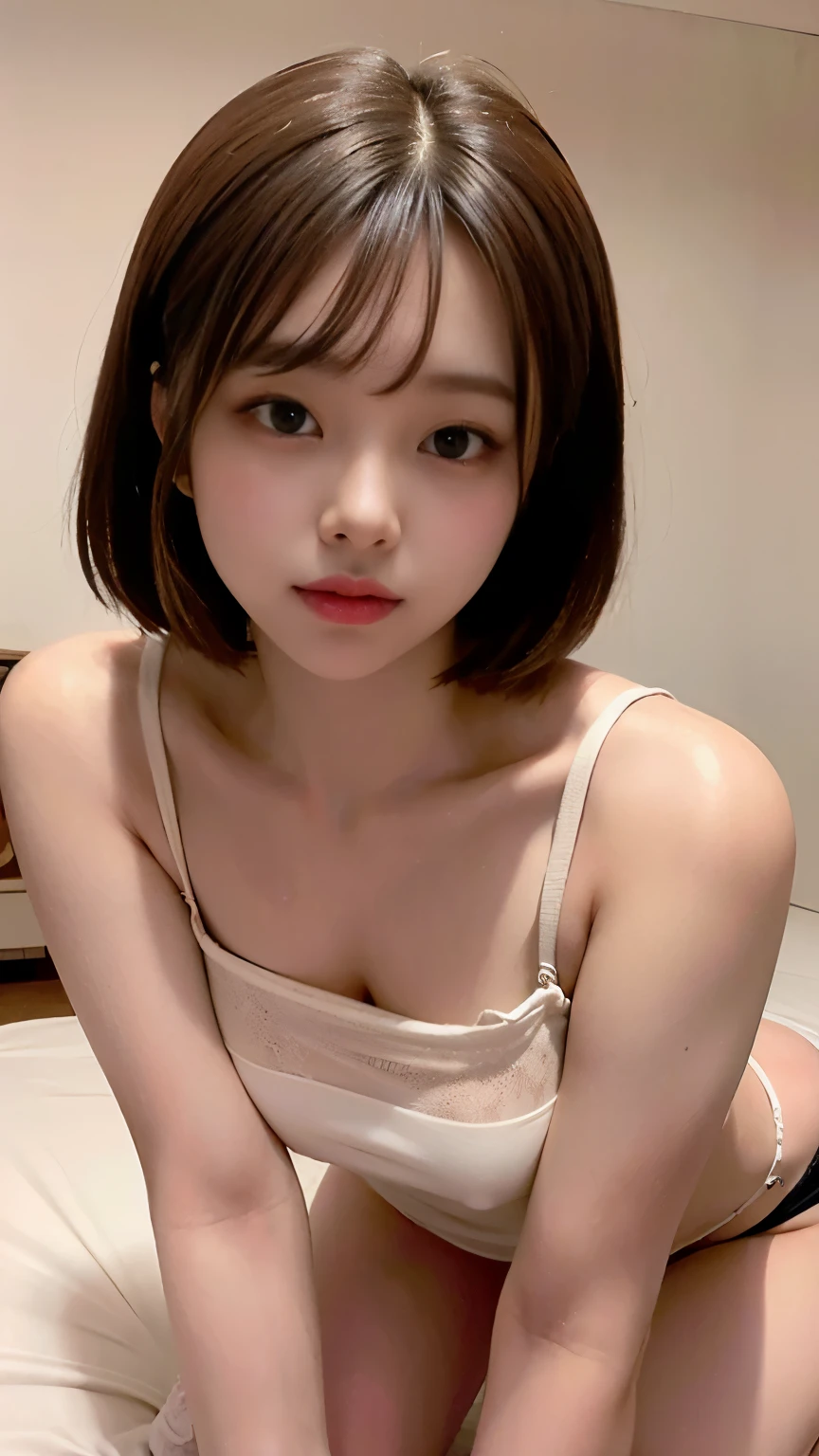 realistically, high resolution, soft light, (Only 1 piece:1.5)，(1 female 1:1.5), skin glowing, delicate skin, Kneel on all fours on the bed, Look down, Detailed faces, short hair, Loose off-shoulder crop top,clothes are transparent,The breasts are leaking out