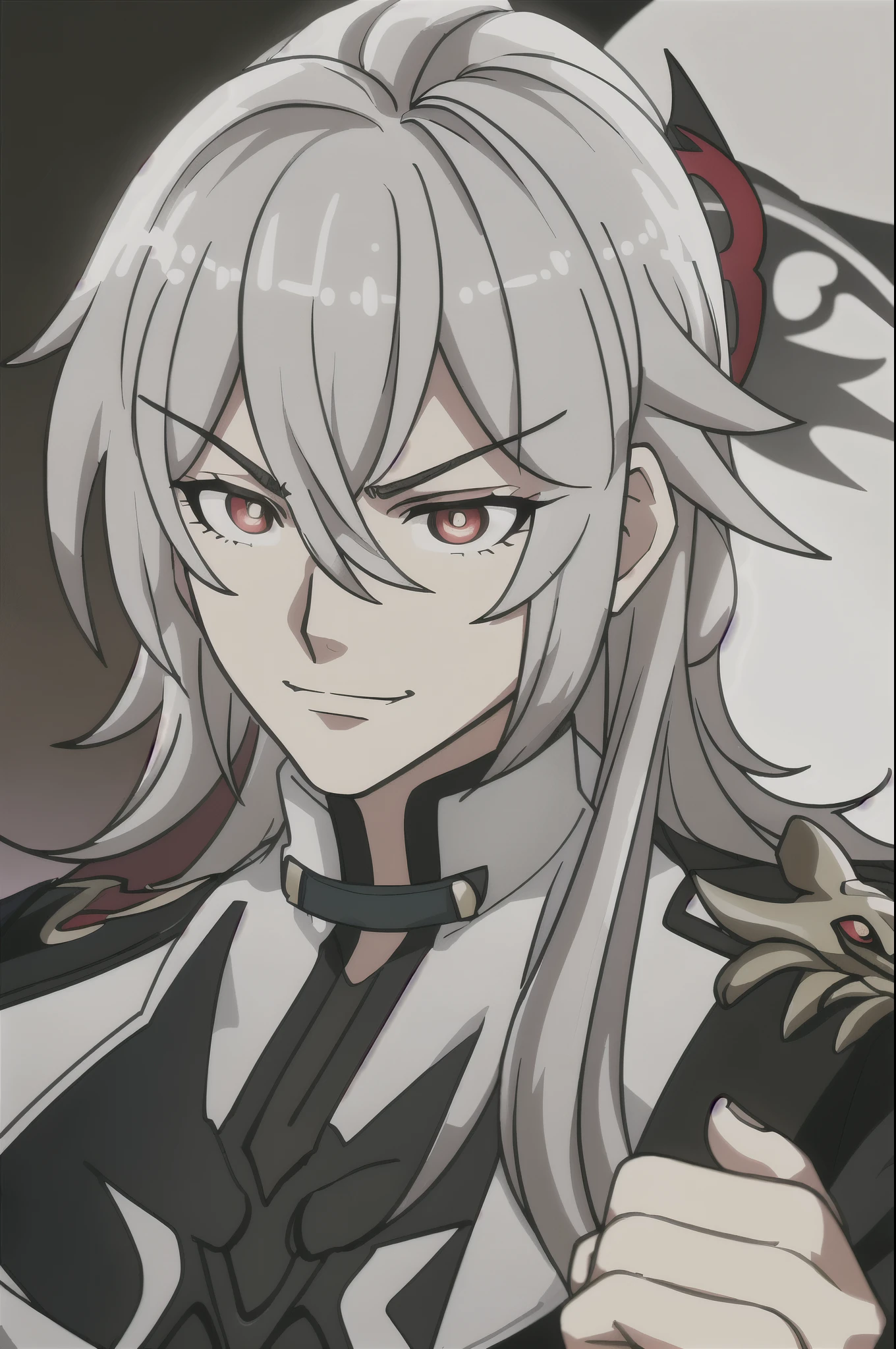 A man in his 20s, silver hair, hair behind ear, crossed bangs, hair between eyes, hair over shoulder, messy hair, long hair, braided bangs, dashed eyes, blank eyes, symbol-shaped pupils, gradient eyes, glaring, red eyes, evil smile, clothes modern, silver hair, hair behind ear, crossed bangs, hair between eyes, hair over shoulder, messy hair, long hair, braided bangs, dashed eyes, blank eyes, symbol-shaped pupils, gradient eyes, glaring, red eyes, evil smile, Conceptual art, anime, Op art, anime style, depth of field, backlighting, reference sheet, close-up, Conceptual art, anime, Op art, anime style, depth of field, backlighting, reference sheet, close-up, masterpiece, anatomically correct, high quality, 1080P, 4K, highres, masterpiece, anatomically correct, high quality, 1080P, 4K, highres