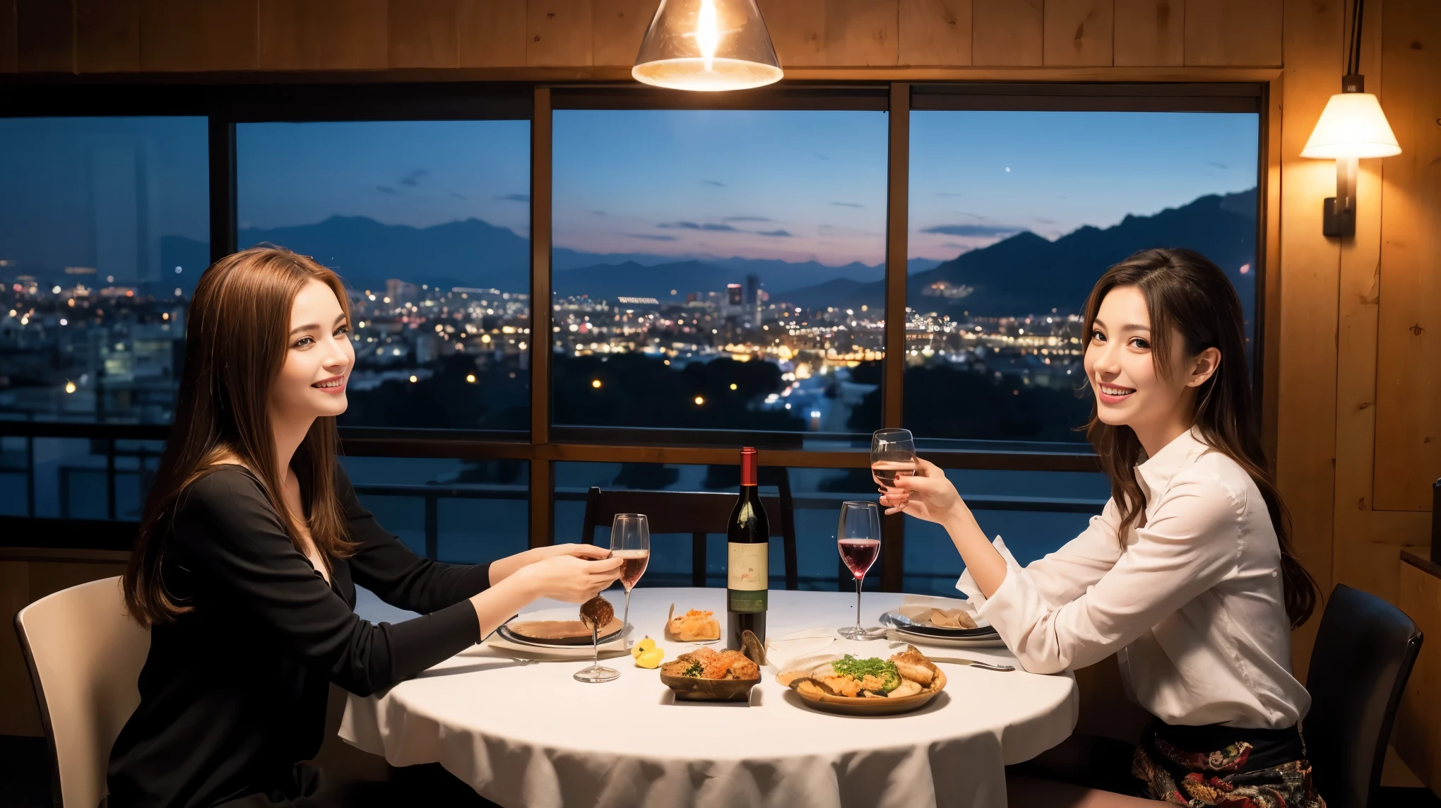 (including 64k, nffsw, highest quality, table top: 1.2), (realistic, photorealistic: 1.37), Spectacular view of the sunset sky and clouds、Amazing mountain views、long sleeve shirt、winter fashion、Columbia、Brazilian、Japanese、Dutch、German、Portuguese、Belgian、Italian、French,Champagne、sparkling wine、 (slimフェイス), (slimボティ), (brown hair), (shortcut), neat beauty、cheeks turn a little red, (35 years old), 38 years old, alone, 窓の外には美しく緻密なnight景が広がります., restaurant, wine glassが座っている, nightに, in a prominent place (from the Upper body) nova frog style, actress, model, Upper body, White wine, slim, wine glass, Super Clean night View, wine glass Put in the Middle, Happy smile, (smile: 1.15), beautiful and detailed eyes, Upper body, bust japan up, night, short, short, actress, model, Upper body, White wine, slim, wine glass, Super Clean night View, wine glass Put in the Middle, Happy smile,