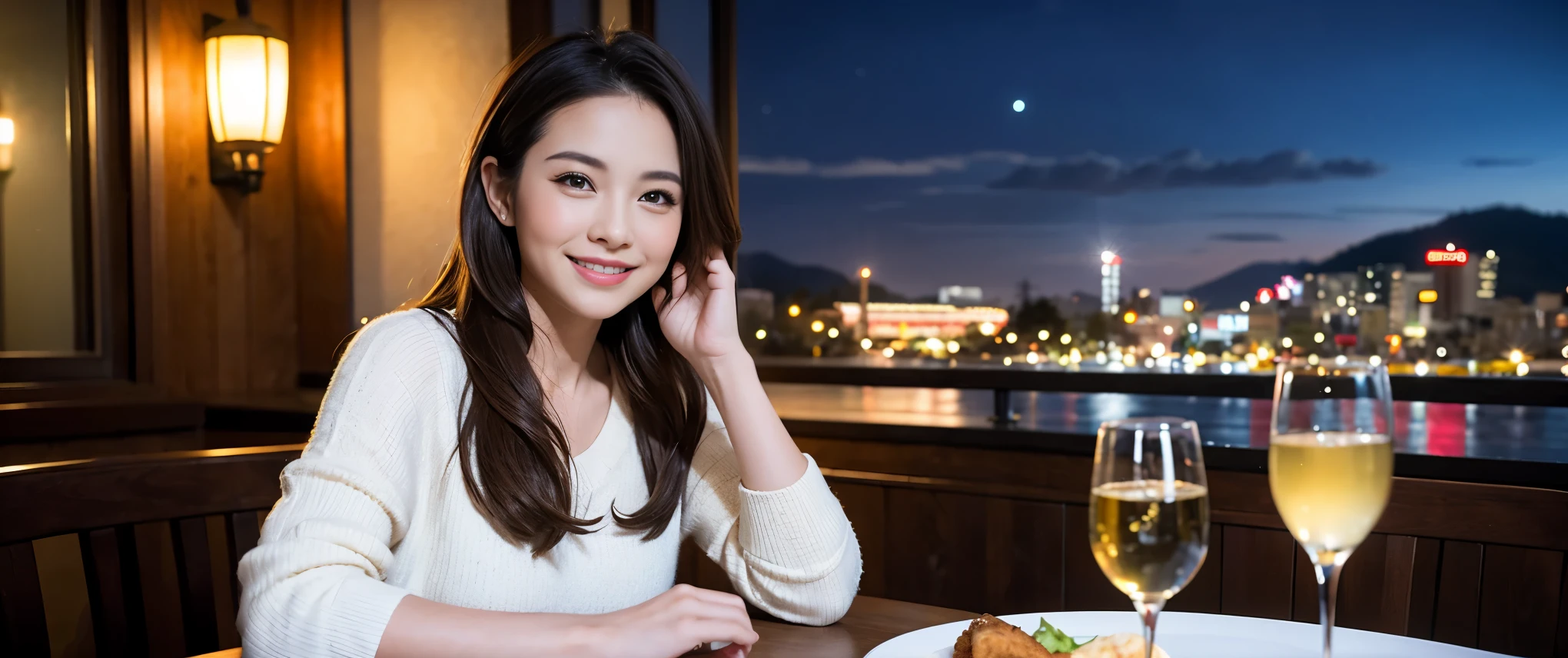 (including 64k, nffsw, highest quality, table top: 1.2), (realistic, photorealistic: 1.37), Spectacular view of the sunset sky and clouds、Amazing mountain views、long sleeve shirt、winter fashion、Columbia、Brazilian、Japanese、Dutch、German、Portuguese、Belgian、Italian、French,Champagne、sparkling wine、 (slimフェイス), (slimボティ), (brown hair), (shortcut), neat beauty、cheeks turn a little red, (35 years old), 38 years old, alone, 窓の外には美しく緻密なnight景が広がります., restaurant, wine glassが座っている, nightに, in a prominent place (from the Upper body) nova frog style, actress, model, Upper body, White wine, slim, wine glass, Super Clean night View, wine glass Put in the Middle, Happy smile, (smile: 1.15), beautiful and detailed eyes, Upper body, bust japan up, night, short, short, actress, model, Upper body, White wine, slim, wine glass, Super Clean night View, wine glass Put in the Middle, Happy smile,