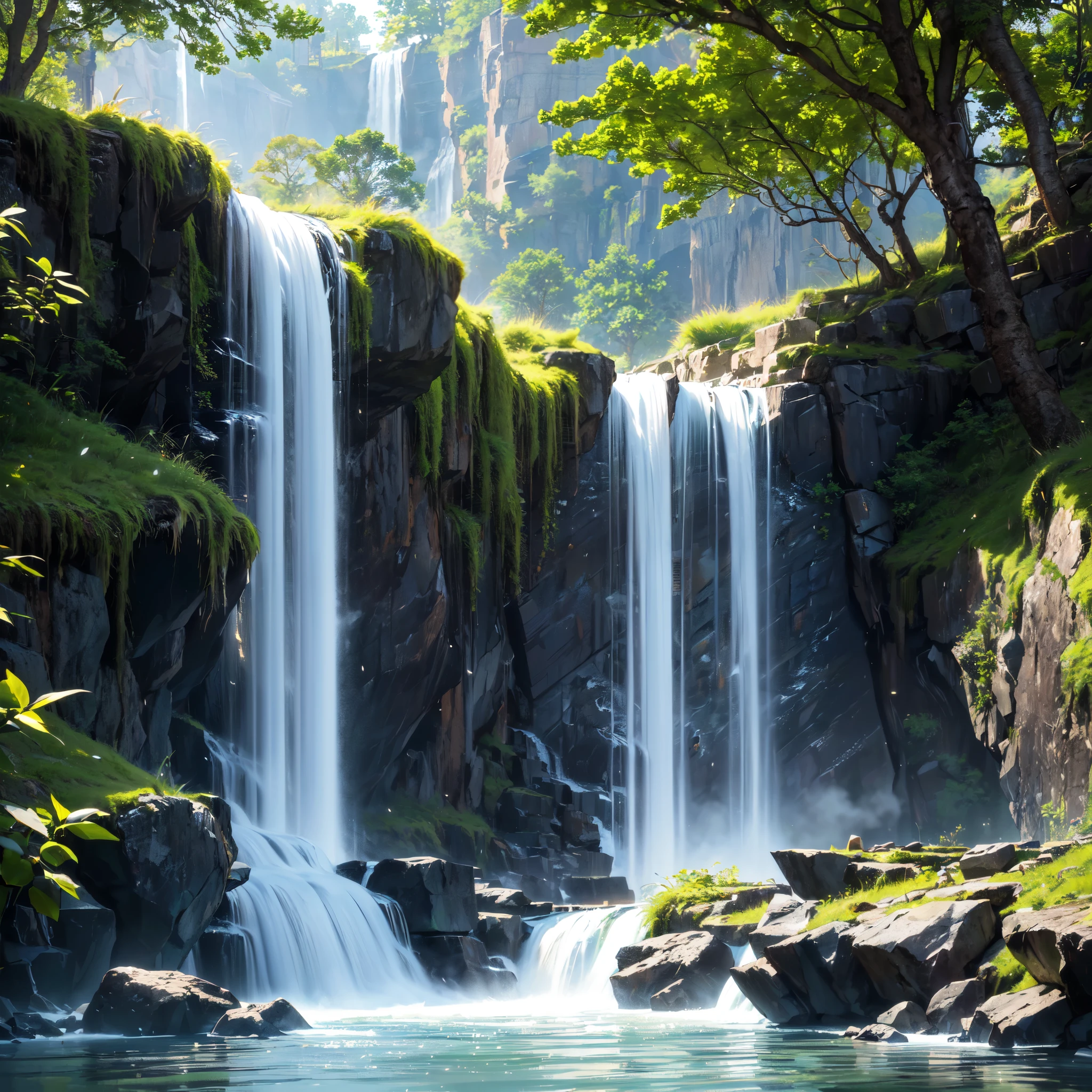 (ultra-detailed,highres,realistic:1.37),vivid colors,sharp focus,landscape,(waterfall:1.2),Nature,flowing water,serene environment,splashing water,greenery,tall rocks,crystal clear,gentle mist,refreshing,peaceful atmosphere,gradient sky,soft sunlight