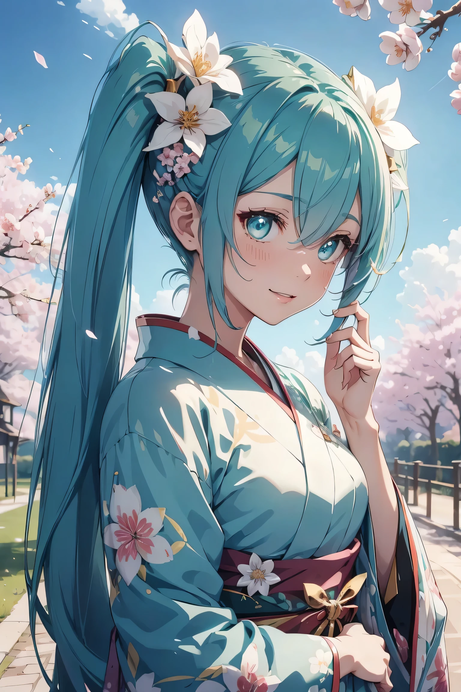 hatsune miku,twin tails,Beautiful emerald green eyes,white skin,beautiful kimono,wear kimono correctly,super high quality,super high quality,masterpiece,digital single lens reflex,realistic,Detailed details,vivid details,depicted in detail,detailed face,Detailed details,Super detailed,realistic skin texture,based on anatomical basis,perfect anatomy,anatomically correct hand,anatomically correct fingers,Complex 3D rendering,sexy pose,Beautiful cherry blossom trees,fantasy world view,fantastic morning sun,Amazing blue sky,beauty like a painting,nine heads and bodies,Take a full body photo,pink lip,smile,