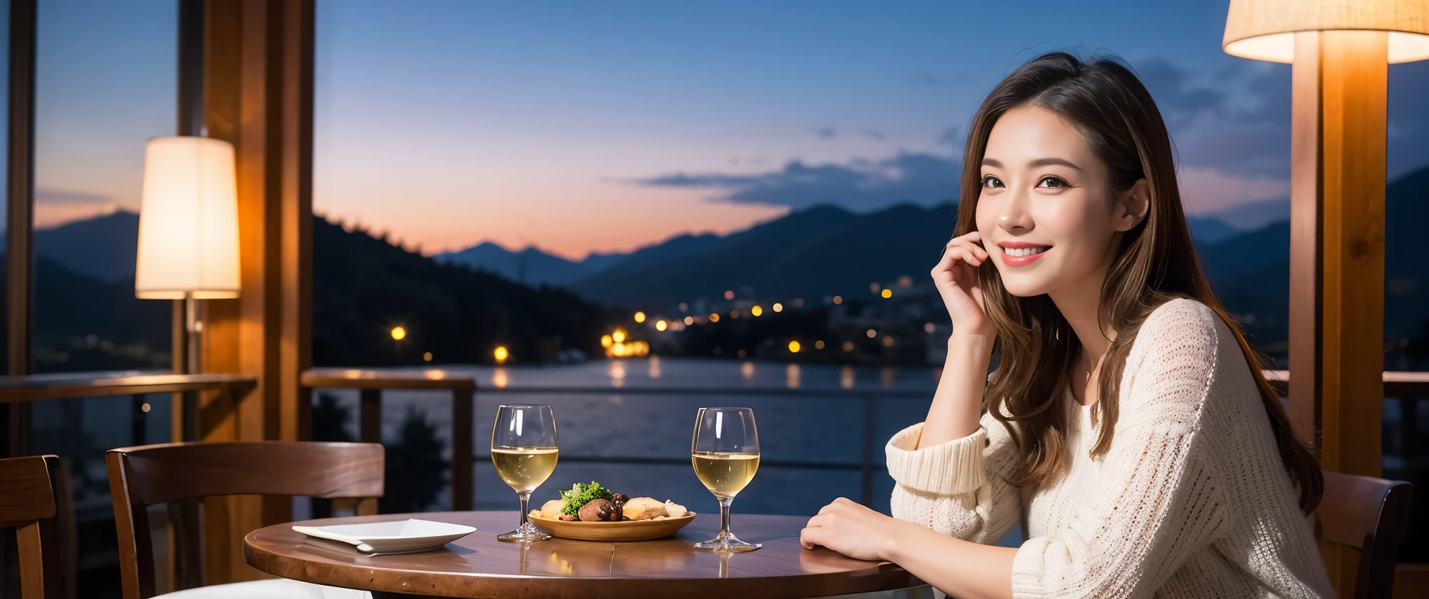 (including 64k, nffsw, highest quality, table top: 1.2), (realistic, photorealistic: 1.37), Spectacular view of the sunset sky and clouds、Amazing mountain views、long sleeve shirt、winter fashion、Columbia、Brazilian、Japanese、Dutch、German、Portuguese、Belgian、Italian、French,Champagne、sparkling wine、 (slimフェイス), (slimボティ), (brown hair), (shortcut), neat beauty、cheeks turn a little red, (42 years old), 40 years old, alone, 窓の外には美しく緻密なnight景が広がります., restaurant, wine glassが座っている, nightに, in a prominent place (from the Upper body) nova frog style, actress, model, Upper body, White wine, slim, wine glass, Super Clean night View, wine glass Put in the Middle, Happy smile, (smile: 1.15), beautiful and detailed eyes, Upper body, bust japan up, night, short, short, actress, model, Upper body, White wine, slim, wine glass, Super Clean night View, wine glass Put in the Middle, Happy smile,