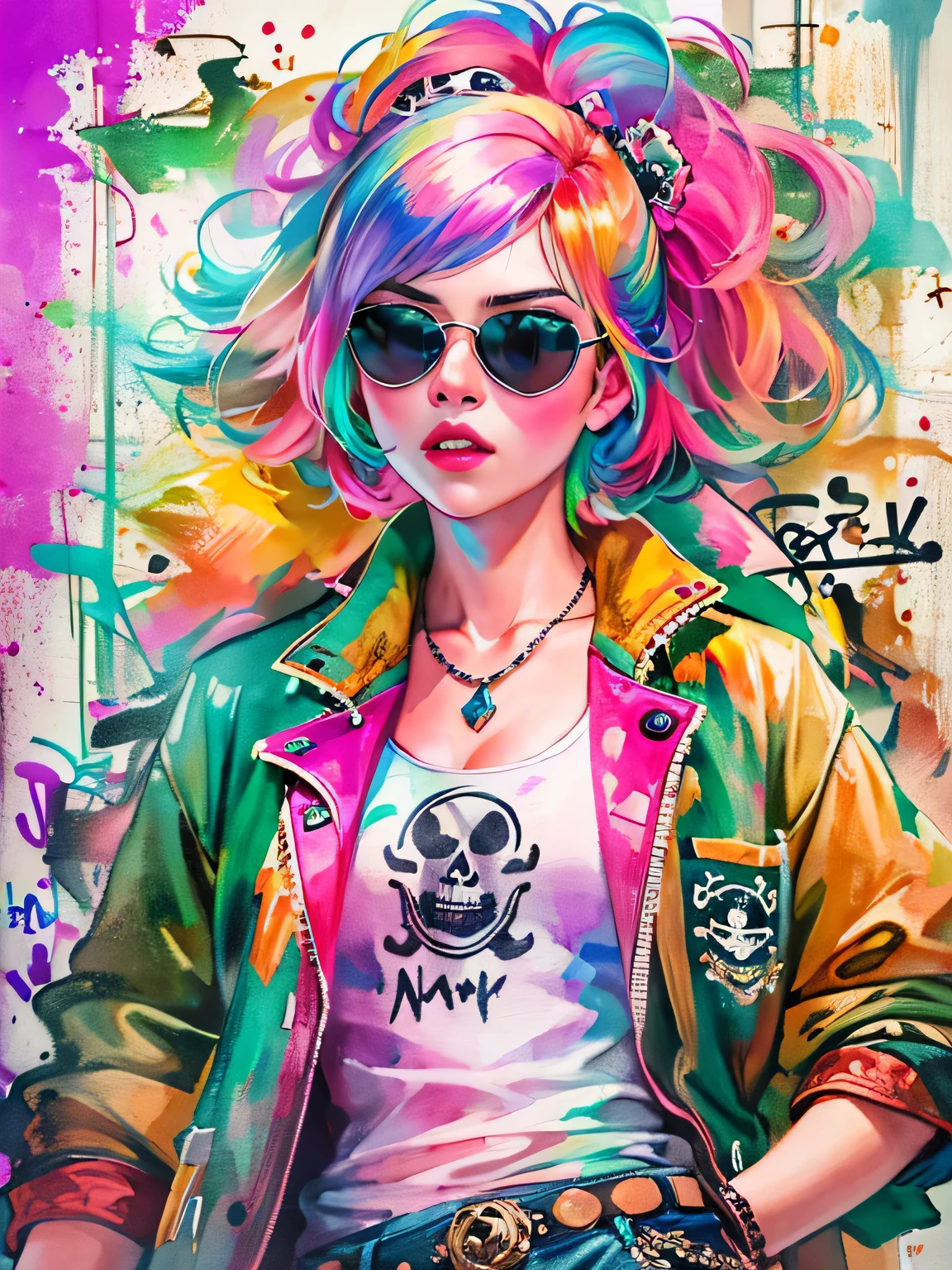 watercolor painting, 8K resolution、((highest quality))、((masterpiece))、((Super detailed))、(((most fashionable design)))、1 female、alone、incredibly absurd、 (((The most beautiful pirate girl of all time))), (((Stylish sunglasses))), lips in love, pirate bandana,neon、small breasts,、(((graffiti art))), colorful hair, provocative
