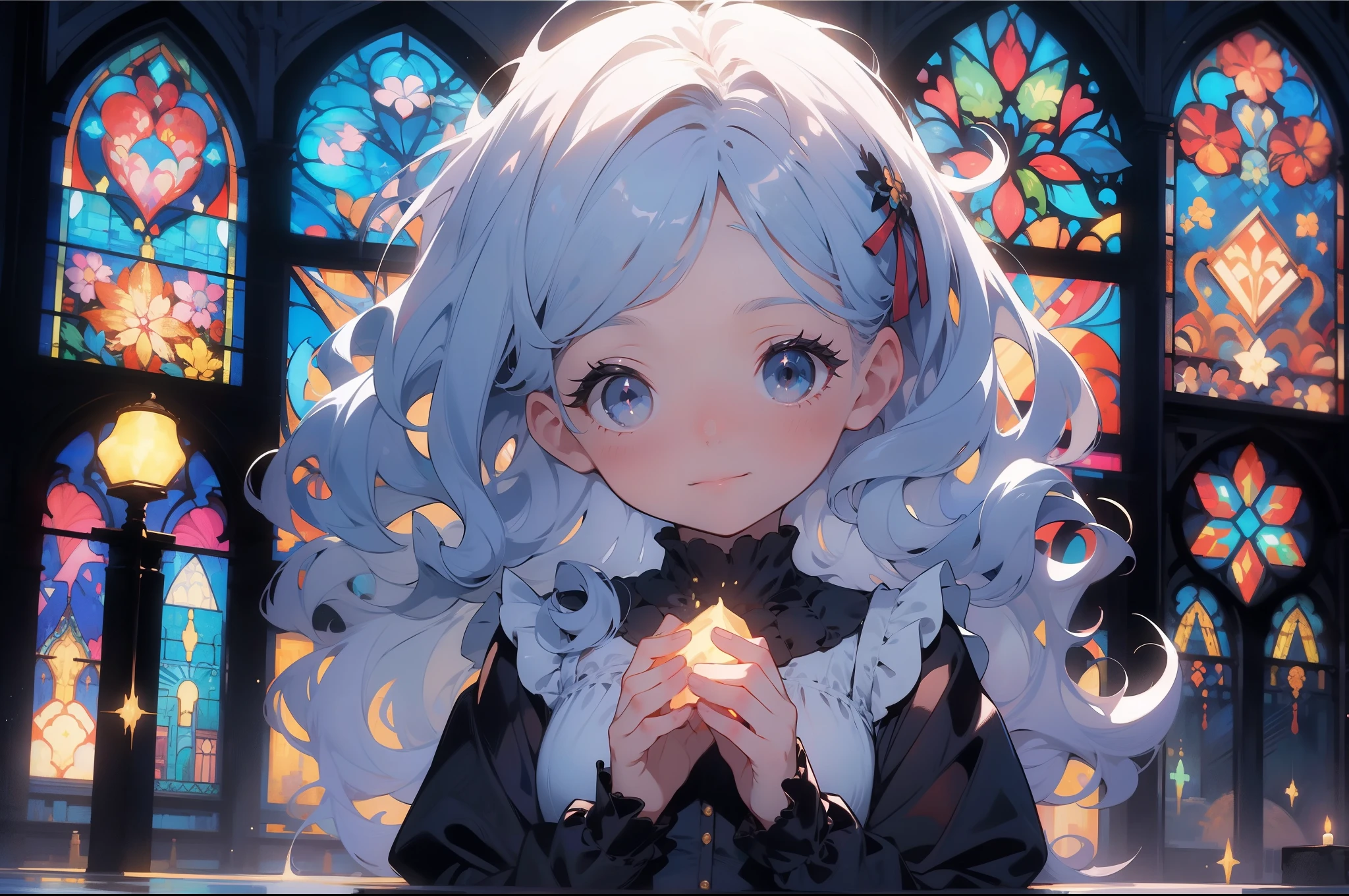masterpiece, 最high quality, spring, indoor, front sunlight，, powder blue hair, woman, Gothic Lolita, performer, fantasy stained glass colors, pastel colors，stained glass light, Sparkling，high quality, beautiful graphics, high detail