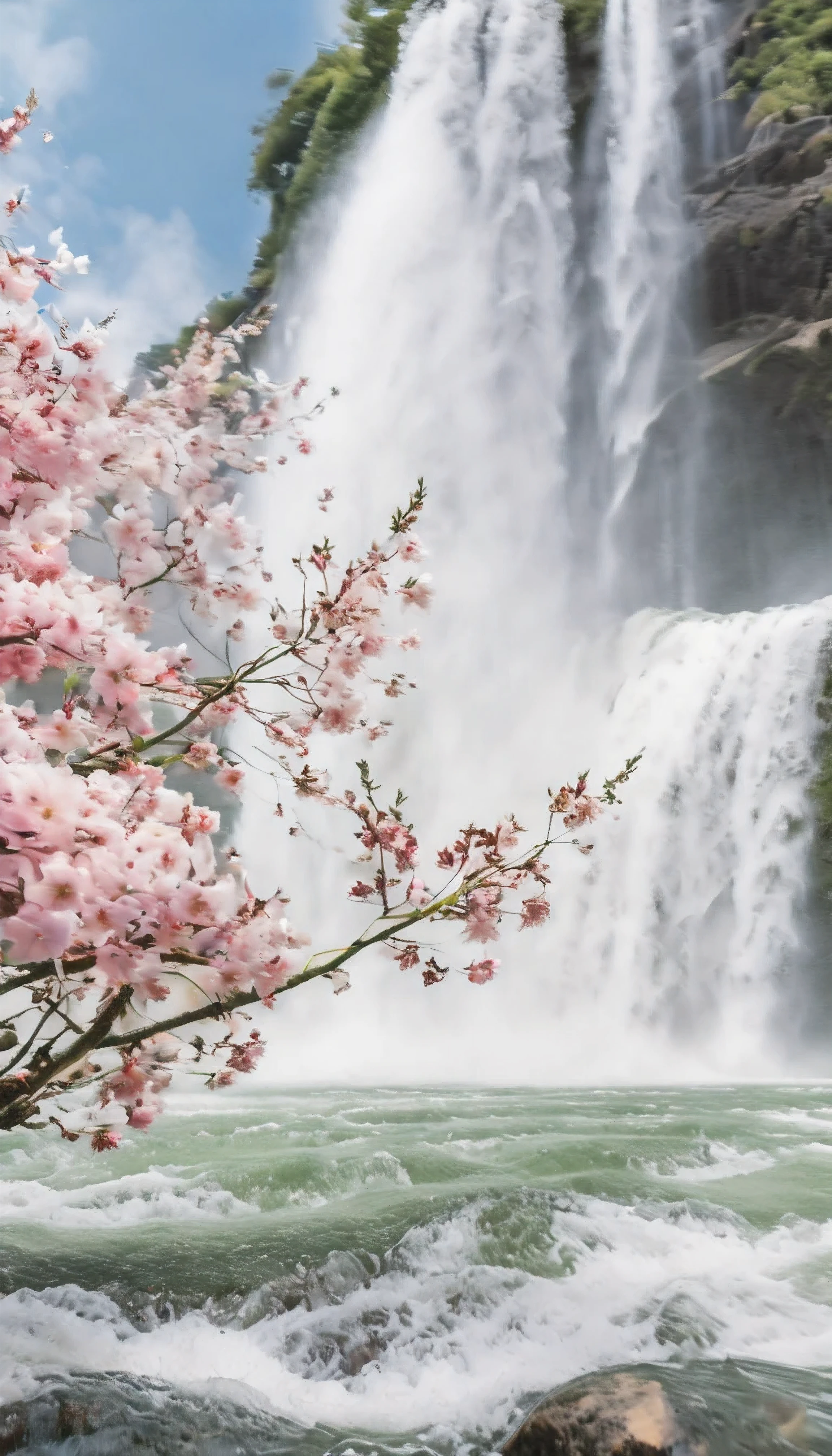 ((Masterpiece in maximum 16K resolution):1.6),((soft_color_photograpy:)1.5), ((Ultra-Detailed):1.4),((Movie-like still images and dynamic angles):1.3), ((Low angle shot):1.3) | (Macro shot cinematic photo of a water splash at base of waterfall), (macro lens), (crystal clear water), (water mist), (maple trees), (sakura flowers), (shimmer), (visual experience), (Realism), (Realistic), award-winning graphics, dark shot, film grain, extremely detailed, Digital Art, rtx, Unreal Engine, scene concept anti glare effect, All captured with sharp focus.