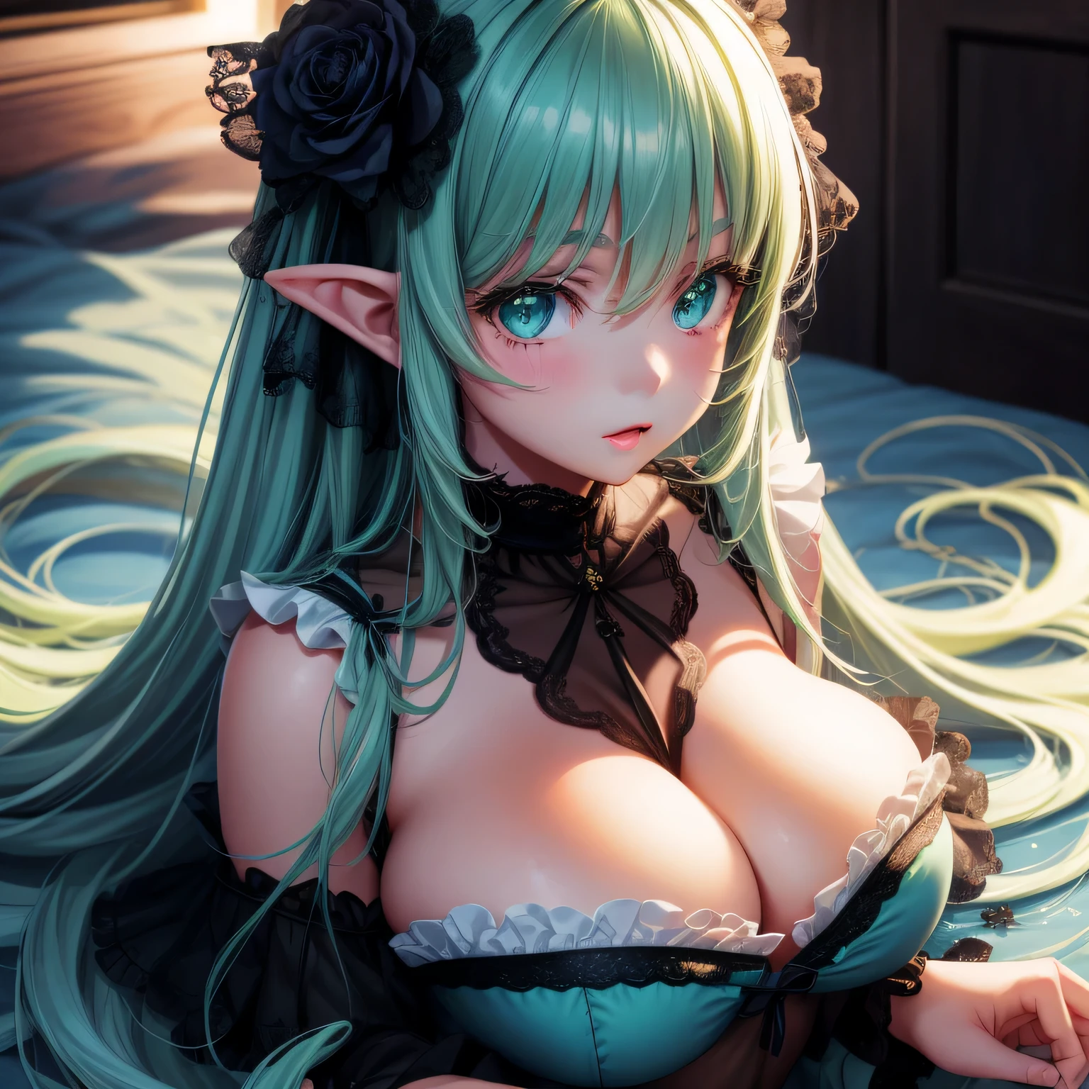 Realistic, 1girl, ((extremely cute young girl, huge breasts, wide hips)), long white hair, huge green eyes, glowing eyes, cut top, (delicate, frilly lingerie), seductive, blush, flowers, ambient lighting, succubus, sexy, glamorous, wet skin