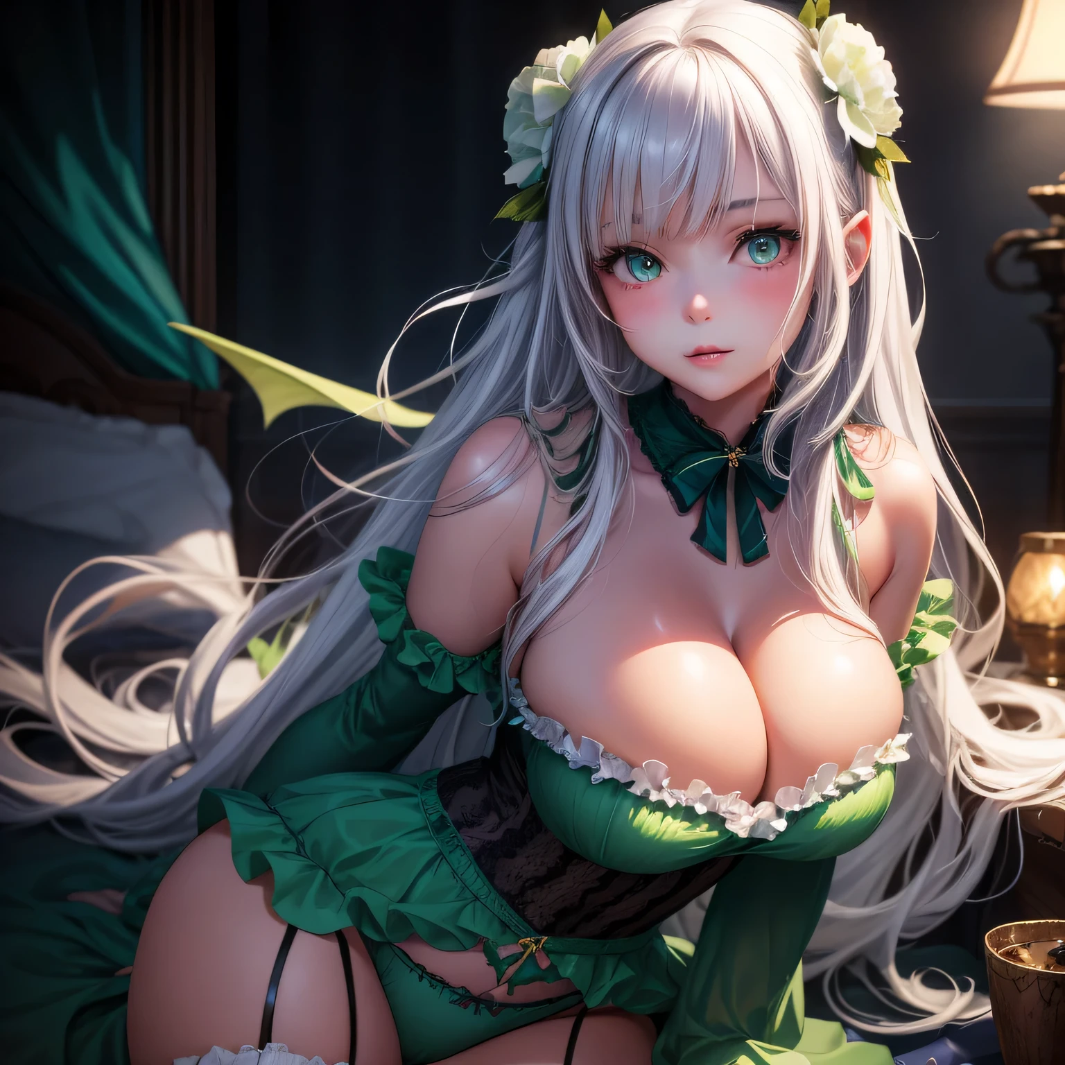 Realistic, 1girl, ((extremely cute young girl, huge breasts, wide hips)), long white hair, huge green eyes, glowing eyes, cut top, (delicate, frilly lingerie), seductive, blush, flowers, ambient lighting, succubus, sexy, glamorous, wet skin