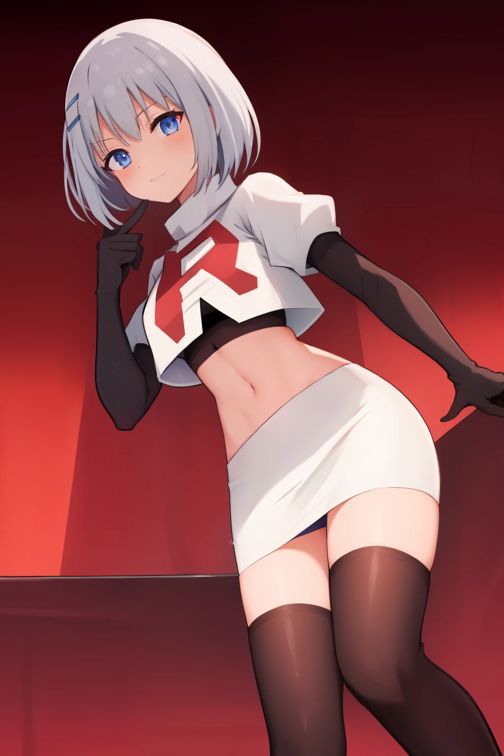 schl1,  simple background, team rocket,team rocket uniform,white skirt,red letter R,crop top,black thigh-highs,black elbow gloves