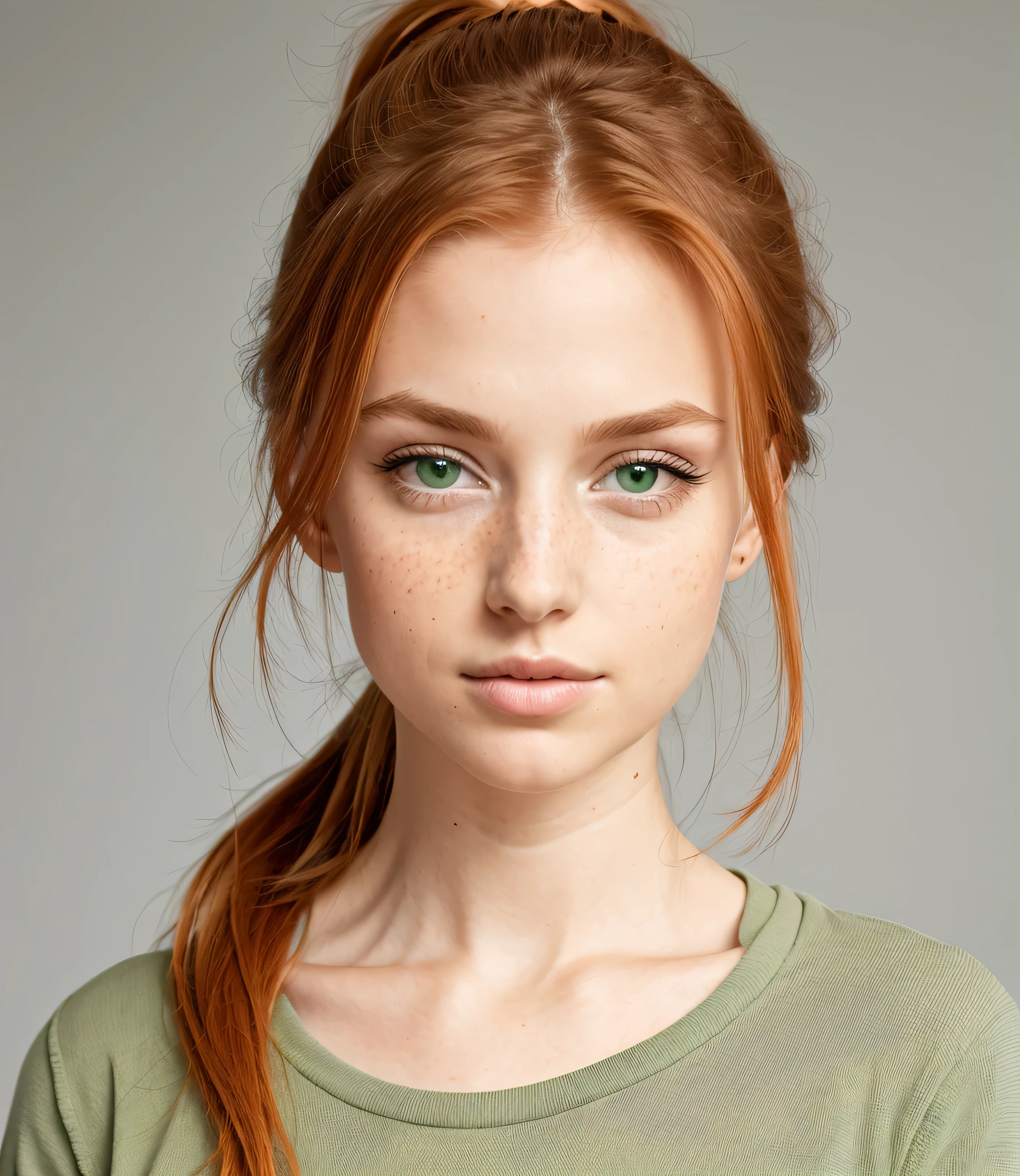 photo,8k,sharp focus,beautiful woman,close up,t-shirt,(exquisite eyes:0.8),(looking at camera:1.4),(best quality),(best shadow),green eyes,edge lighting,monochromatic light,dim,low profile,intricate details,Internal,ponytail,ginger hair:1.3,open mouth:0.7,freckle,front，gray background,symmetry,front