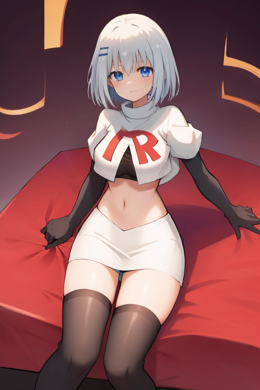 schl1, simple background, team rocket,team rocket uniform,white skirt,red letter R,crop top,black thigh-highs,black elbow gloves