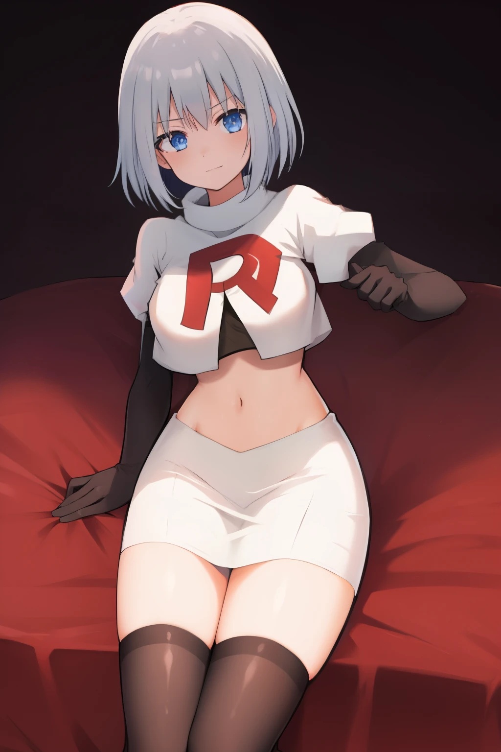 schl1, simple background, team rocket,team rocket uniform,white skirt,red letter R,crop top,black thigh-highs,black elbow gloves