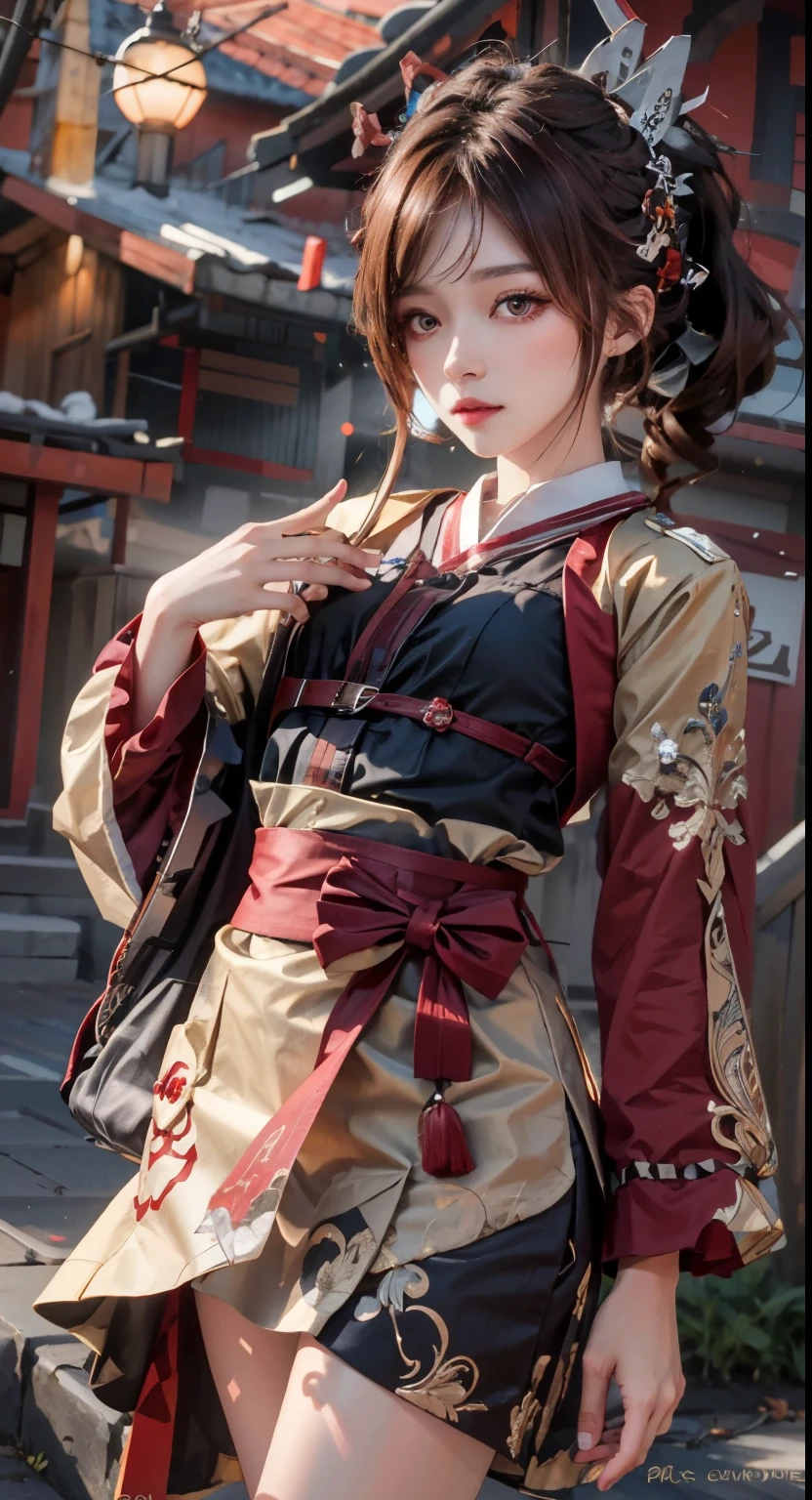 Reddish-brown hair,ponytail,red headdress,red eyes,red eyes,