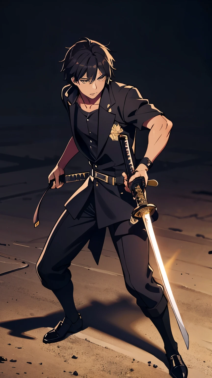 guy in a black suit, black tie, tan skin, golden eye color, yellow eyes, dark skin color, Right arm out stretched horizontally holding a katana , holding a katana in right hand, very detailed katana, perfect katana, 1 male, full body, HD, standing on modern road, (black light)),((dark lighting)), cinematic lighting ,(darkness),  (glowing eyes), high resolution,(incredibly absurdres) ,extremely detailed CG unity 8k wallpaper, ((masterpiece)), ((top-quality)), (beautiful illustration), ((an extremely delicate and beautiful))