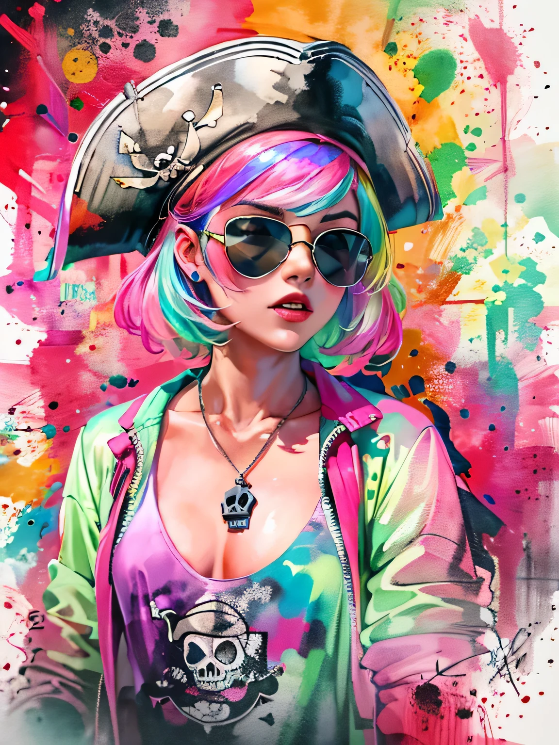 watercolor painting, 8K resolution、((highest quality))、((masterpiece))、((Super detailed))、1 female、alone、incredibly absurd、 (((The most beautiful pirate girl of all time))), (((Stylish sunglasses))), lips in love, white skin, pirate hat, skull fashion, neon、short cut hair、small breasts, (((graffiti art))), colorful hair, provocative