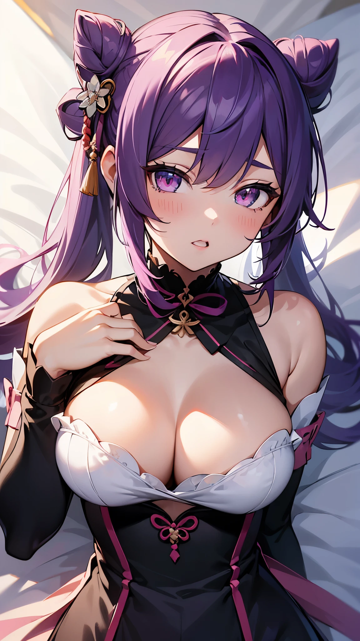{best quality}, {{masterpiece}}, {highres}, extremely detailed girl, sharp focus,{genshin impact, keqing (genshin impact),1girl, solo, looking_at_viewer, cone hair bun, detached sleeves, double bun,neck tassel, open mouth, purple hair, blush, long_hair, pink_bra, breasts, lying, pink_eyes, on_side, bangs, heart, collarbone, upper_body, parted_lips, bare_shoulders, cleavage, medium_breasts, saior uniform