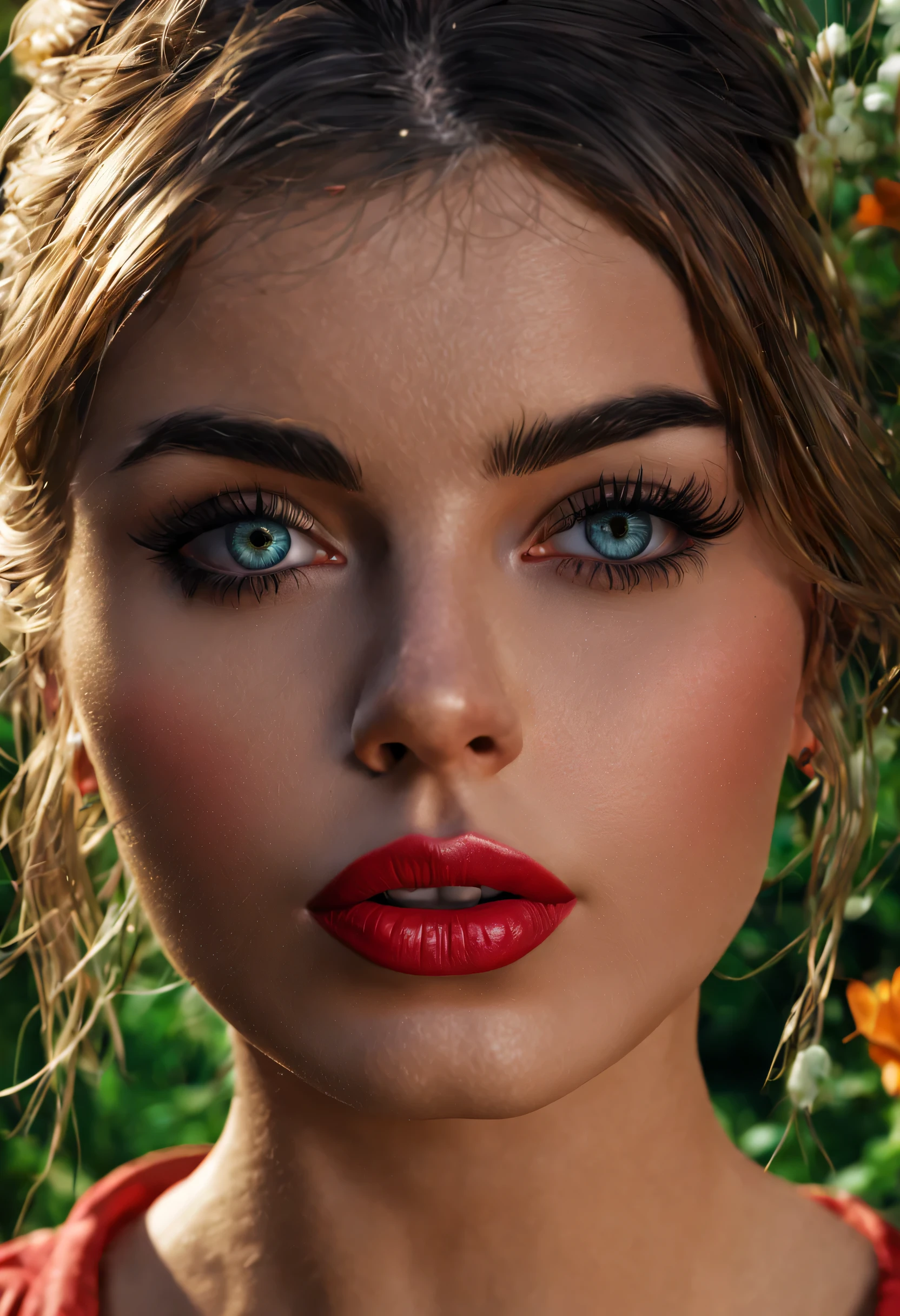 A girl in a garden, (best quality, 4k, 8k, highres, masterpiece:1.2), ultra-detailed, (realistic, photorealistic, photo-realistic:1.37), Russ Meyer style, hyper realism, vibrant colors, sharp focus, insanely detailed, beautiful detailed eyes, beautiful detailed lips, extremely detailed face and eyes, long eyelashes.